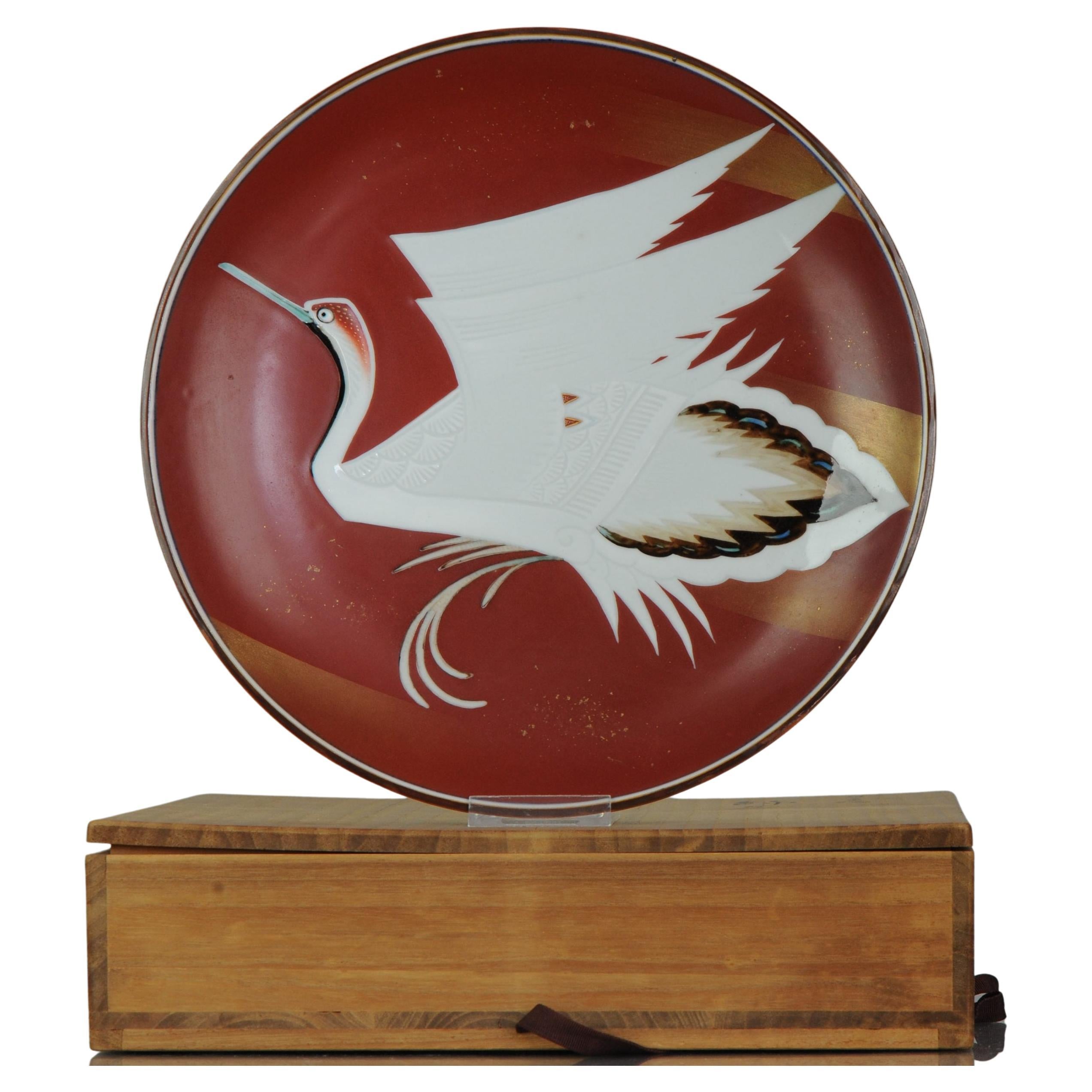 Large Showa Period Japanese 20th Century Porcelain Kutani Crane Bird Plate For Sale
