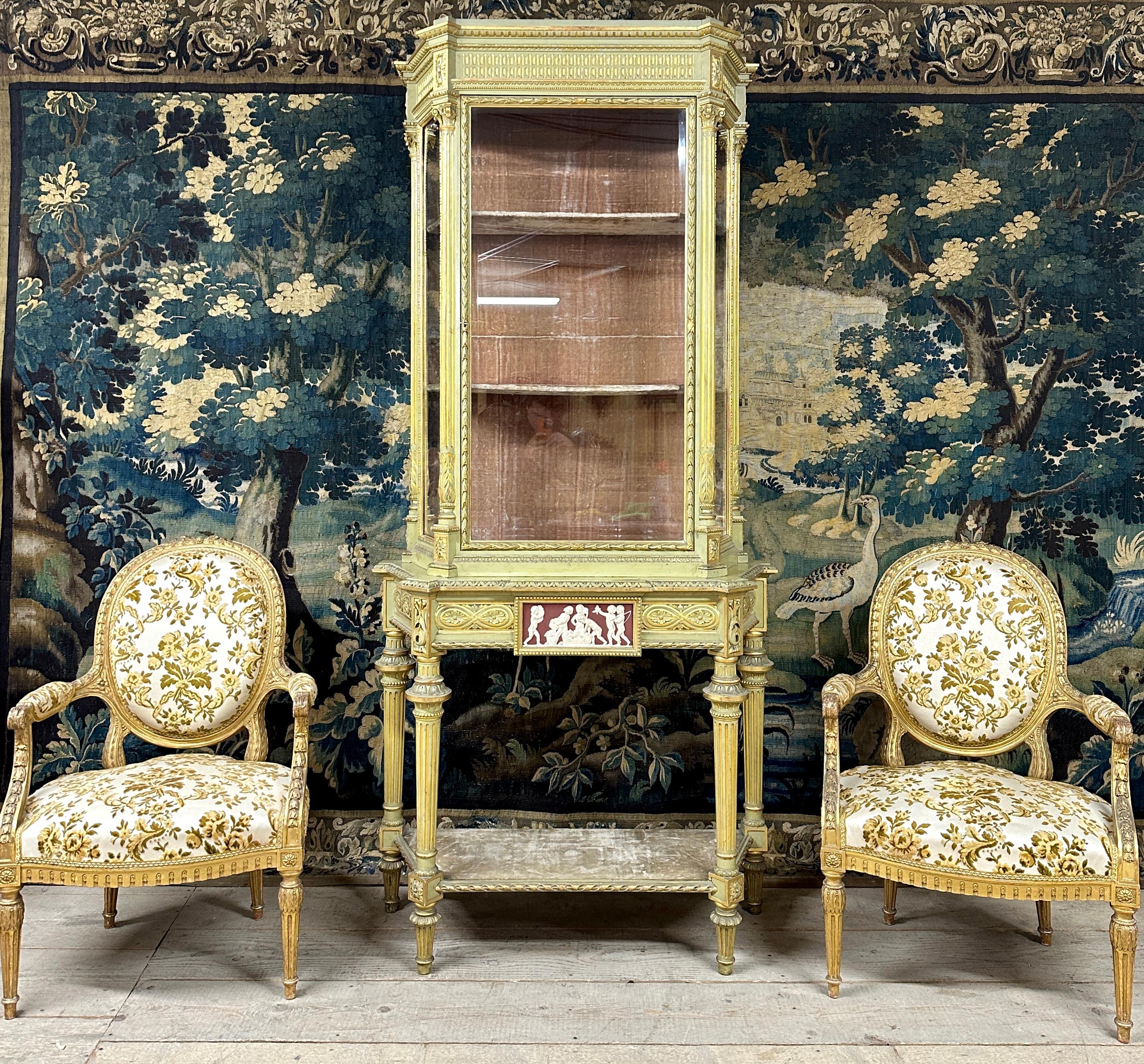Large Showcase in Lacquered Wood, Golden Rechampi and Wedgwood, Louis XVI Style For Sale 5