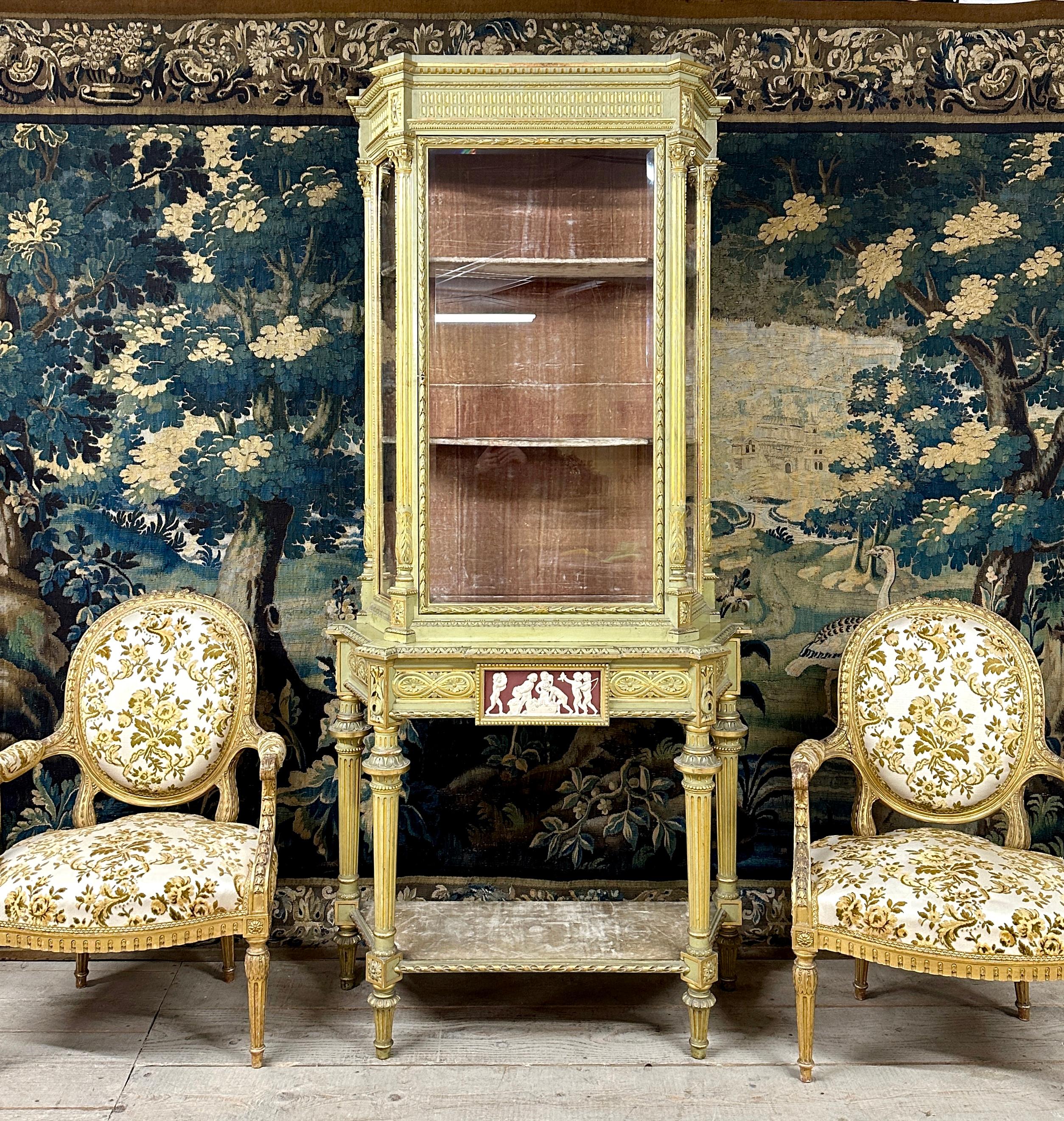 Italian Large Showcase in Lacquered Wood, Golden Rechampi and Wedgwood, Louis XVI Style For Sale