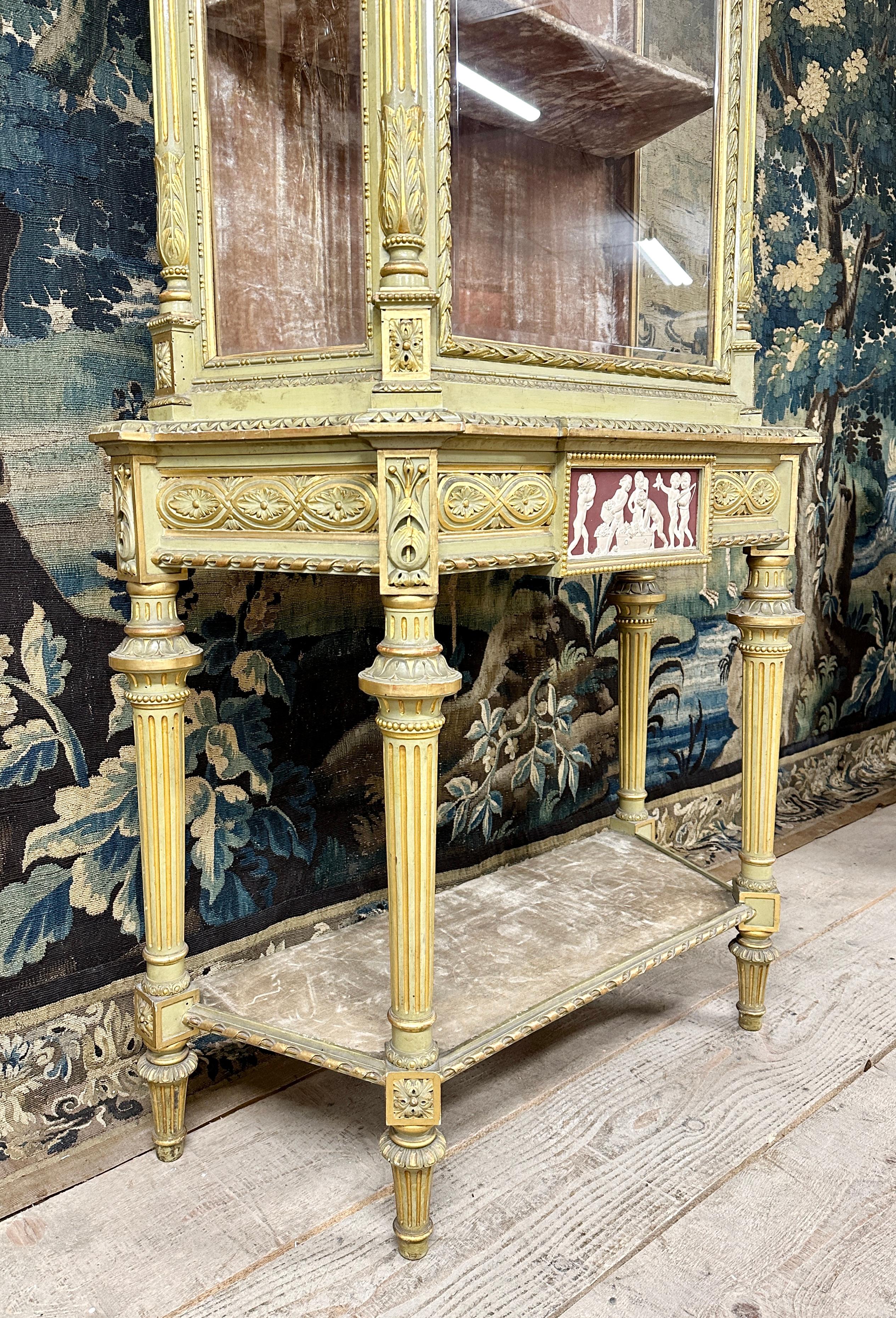 Painted Large Showcase in Lacquered Wood, Golden Rechampi and Wedgwood, Louis XVI Style For Sale