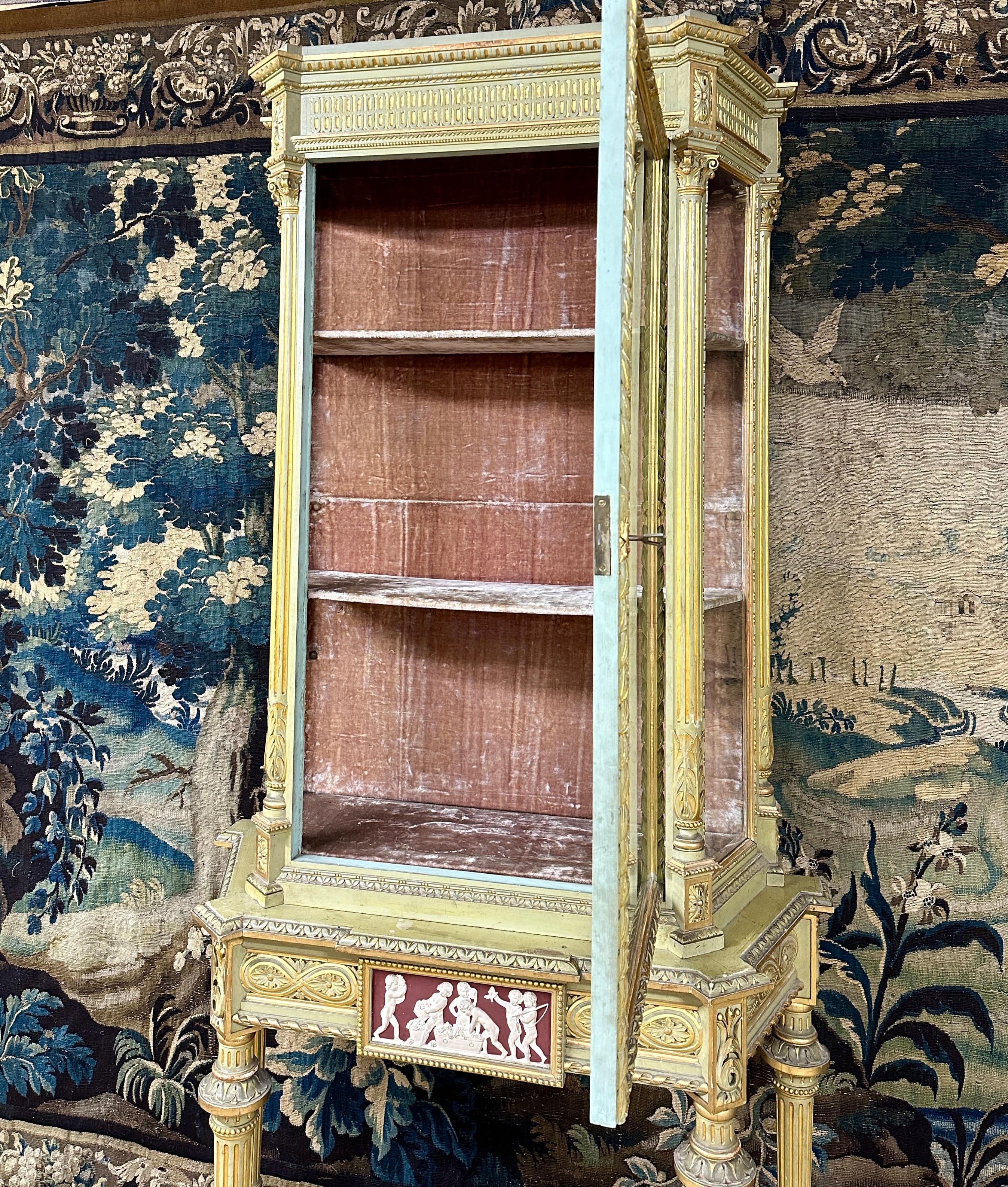 Large Showcase in Lacquered Wood, Golden Rechampi and Wedgwood, Louis XVI Style For Sale 1