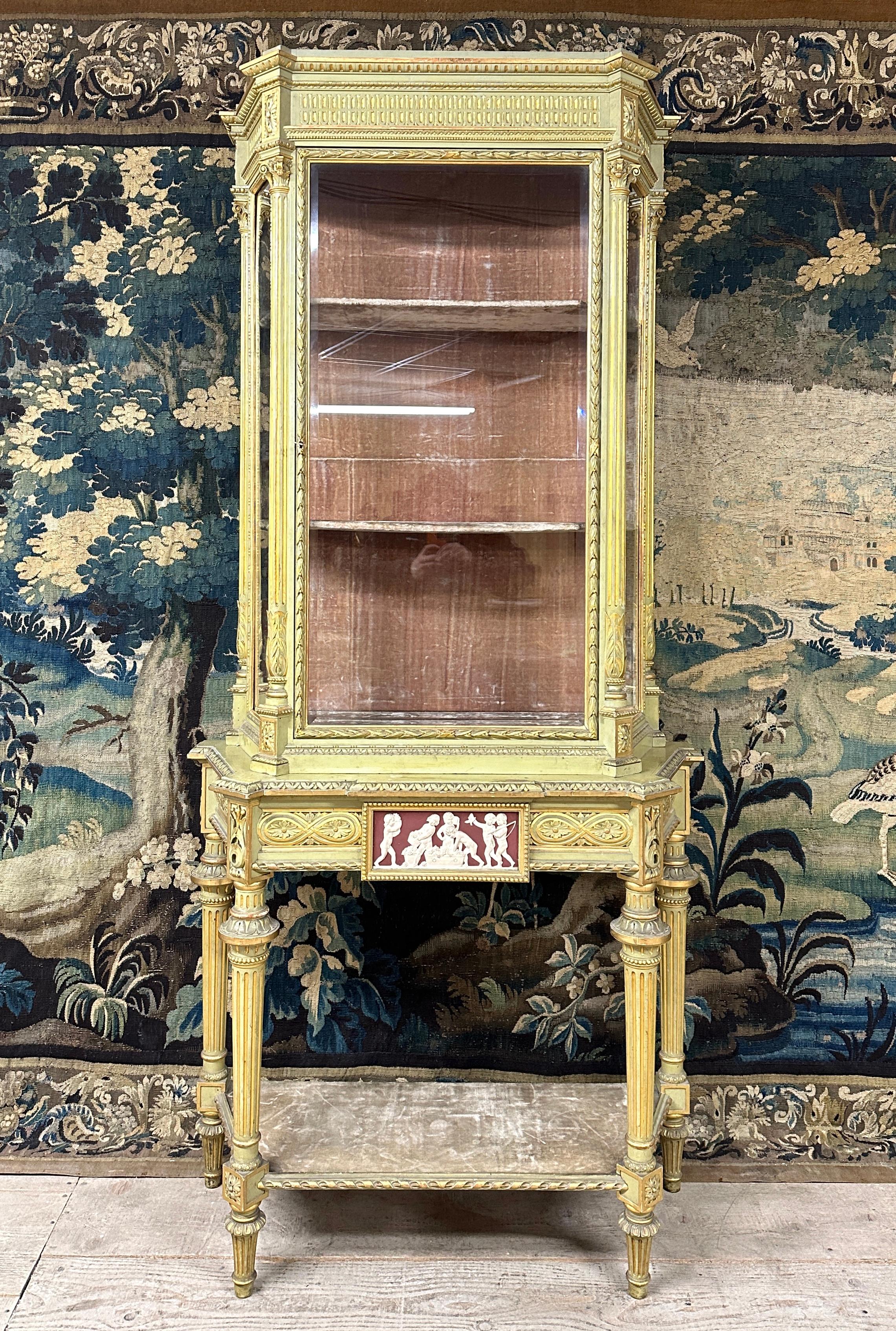 Large Showcase in Lacquered Wood, Golden Rechampi and Wedgwood, Louis XVI Style For Sale 2