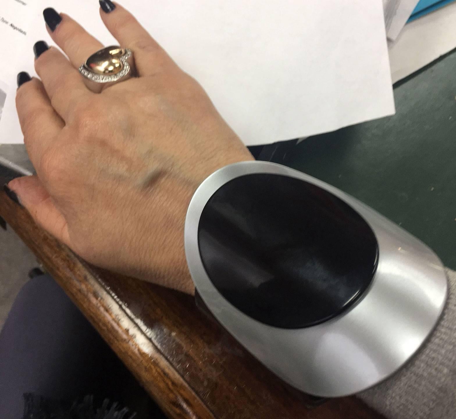 Modernist Large Showstopper Celluloid Silver Pewter Black Bracelet