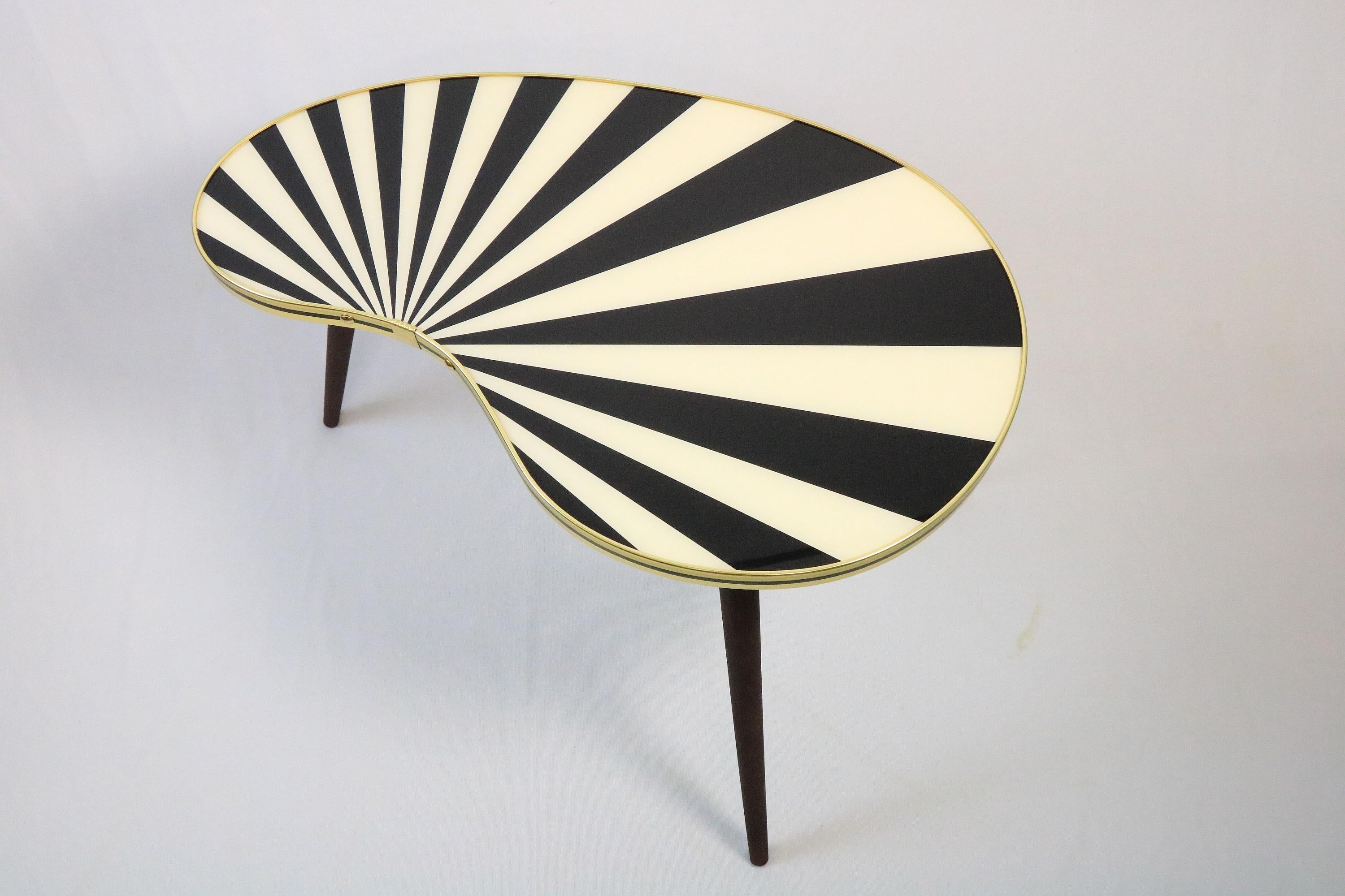 Hand-Crafted Large Side Table, Kidney Shaped, Black-White Stripes, 3 Elegant Legs, 50s Style For Sale