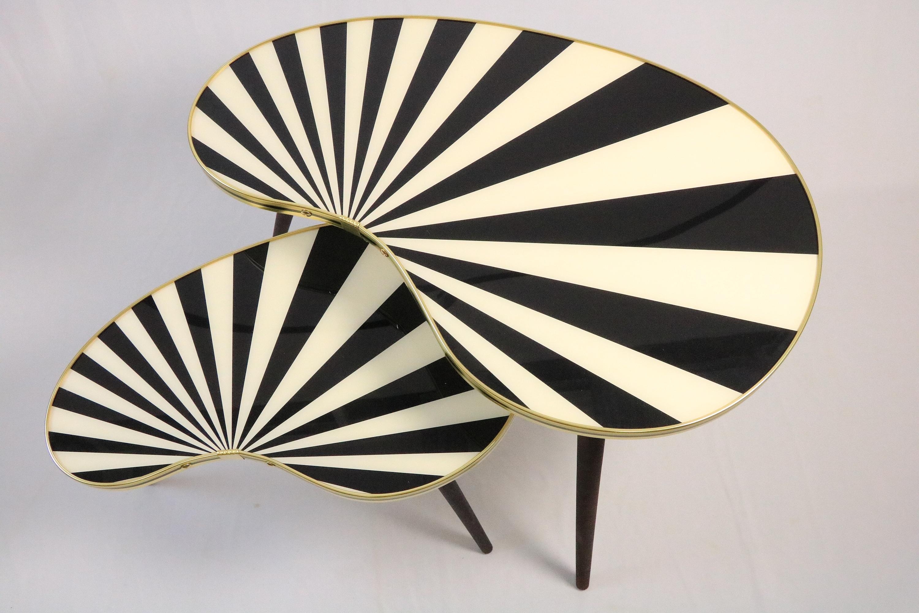 Brass Large Side Table, Kidney Shaped, Black-White Stripes, 3 Elegant Legs, 50s Style For Sale