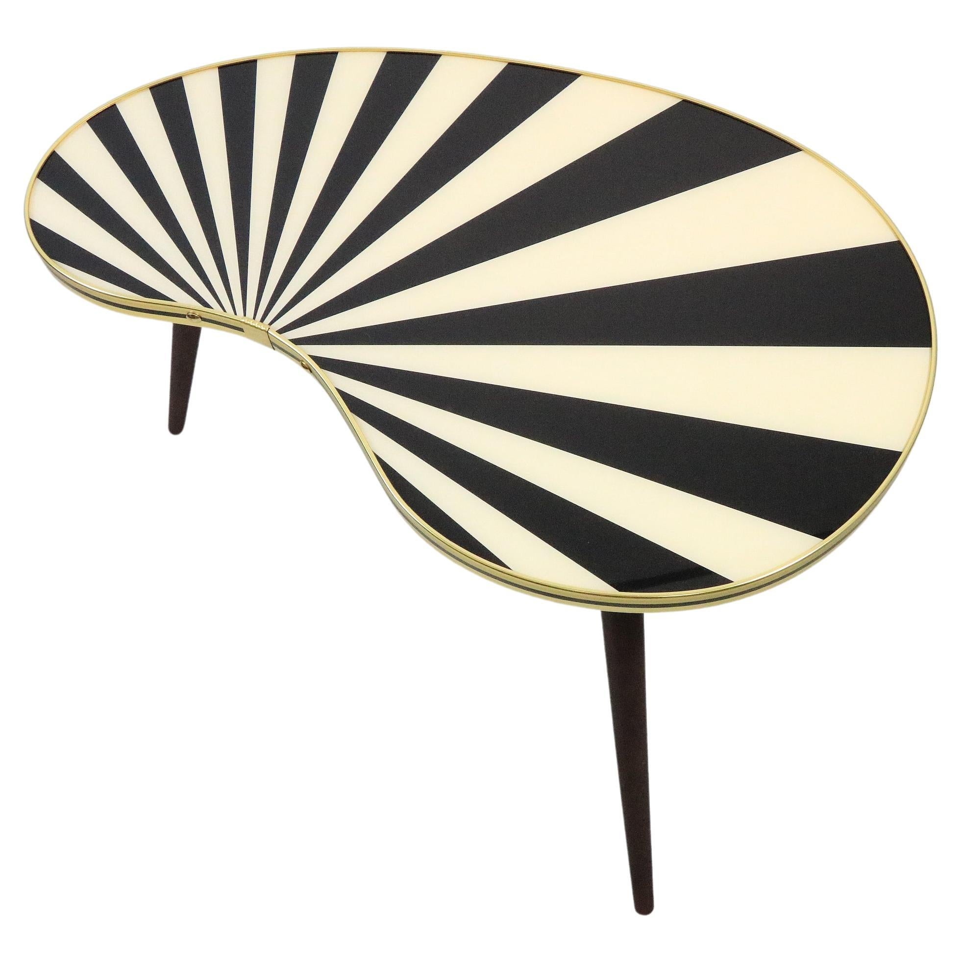 Large Side Table, Kidney Shaped, Black-White Stripes, 3 Elegant Legs, 50s Style For Sale