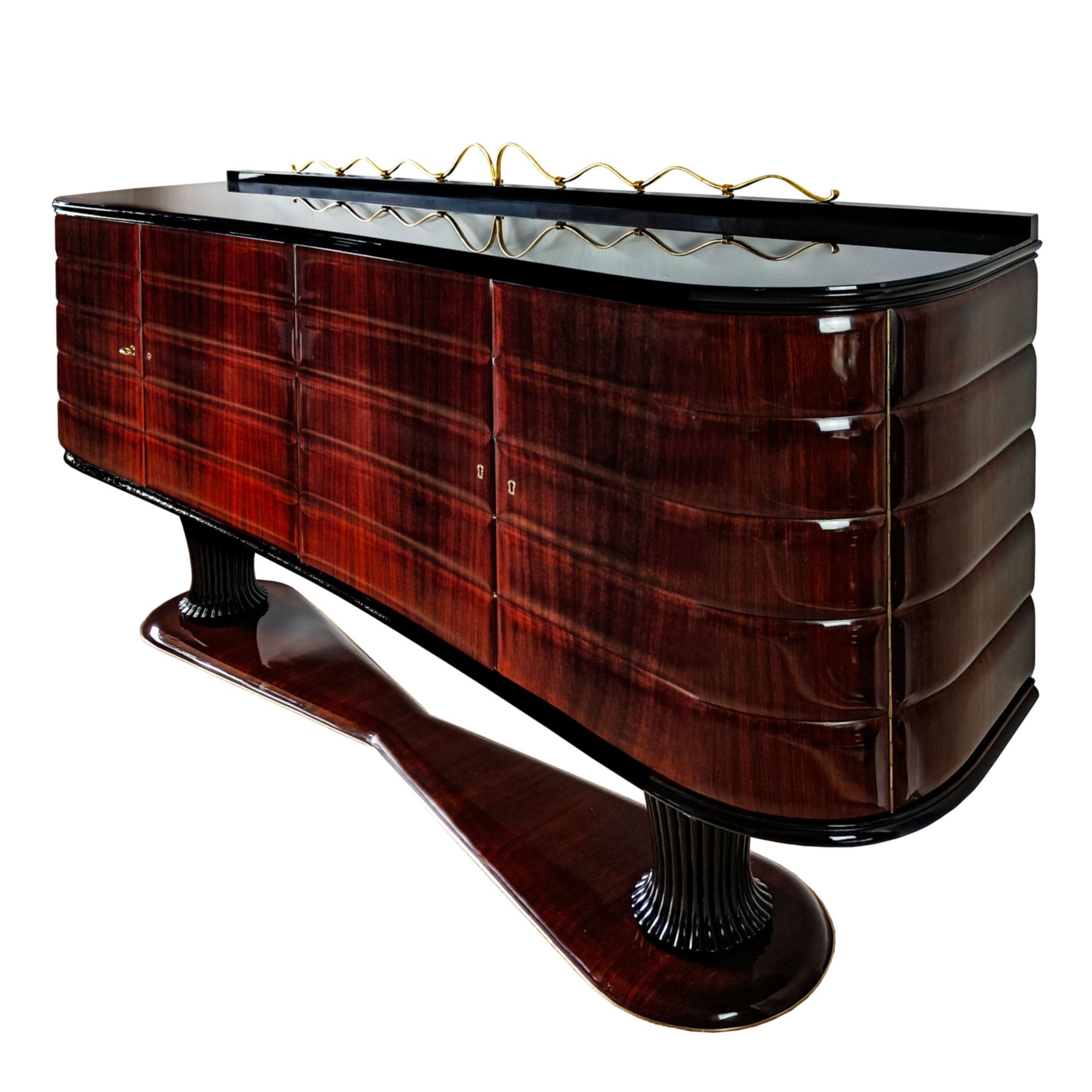 Grand buffet, en bois massif plaqué palissandre reposant sur deux colonnes en acajou massif, trois portes ouvrant sur des étagères et une ouvrant sur cinq tiroirs en acajou flammé, plateau d'origine en opaline noire. Décorations, garnitures et