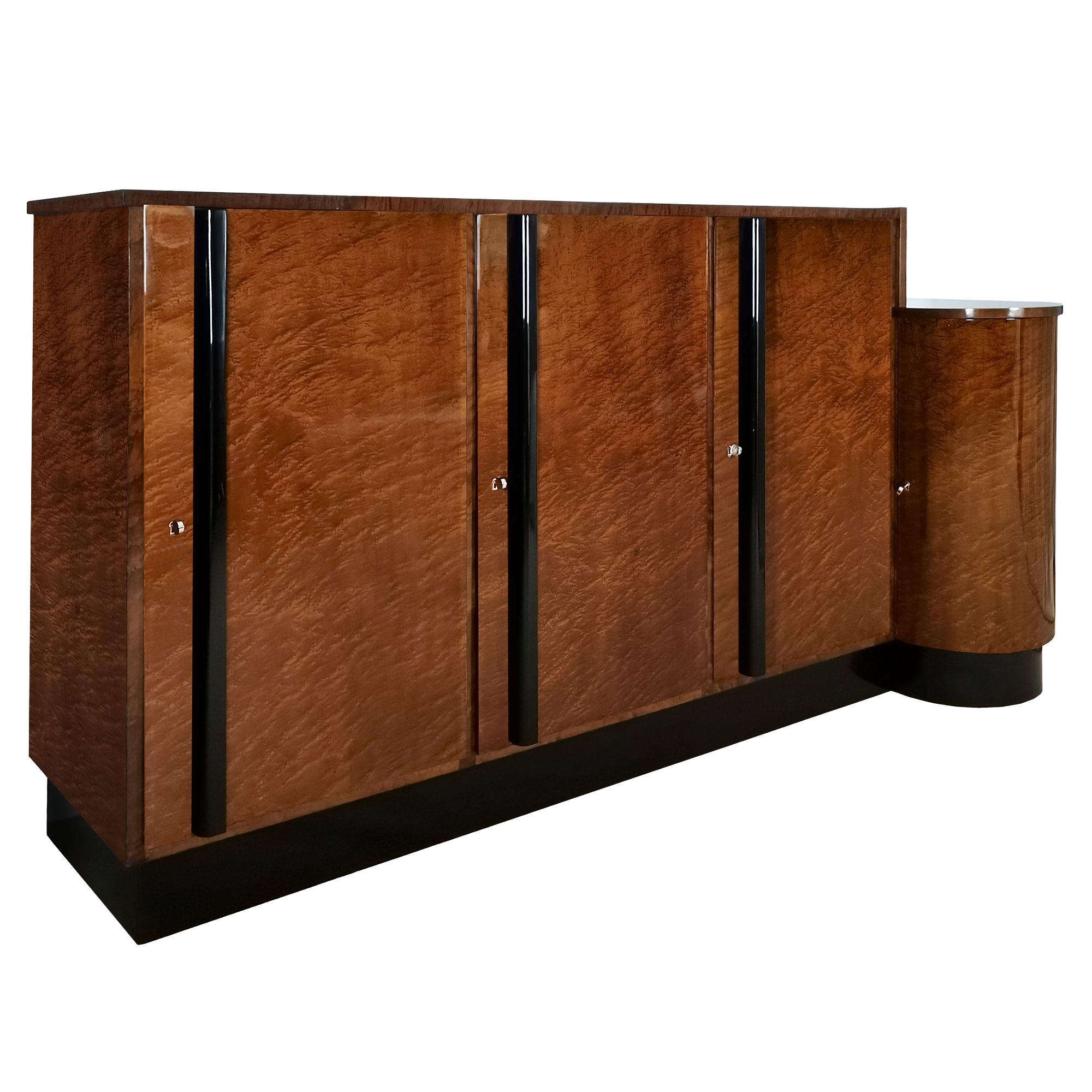 Large sideboard cabinet in speckled mahogany veneered wood on a black lacquered base, black lacquered solid wood handles, cherry wood interior, brass and nickel-plated brass hardware. French polish.

Second matching sideboard available.

Italy c.