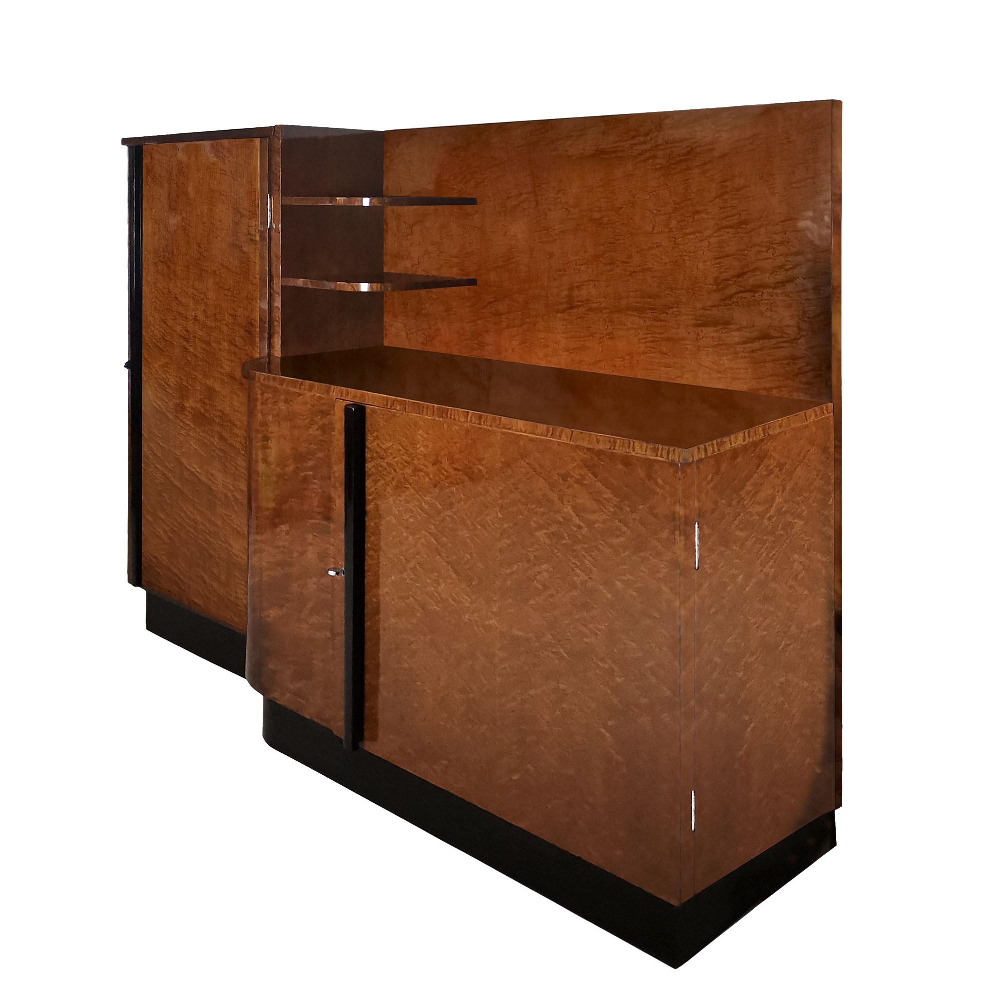 Large sideboard cabinet in speckled mahogany veneered wood on a black lacquered base, black lacquered solid wood handles, cherry wood interior, brass and nickel-plated brass hardware. French polish.

Second matching sideboard available.

Italy