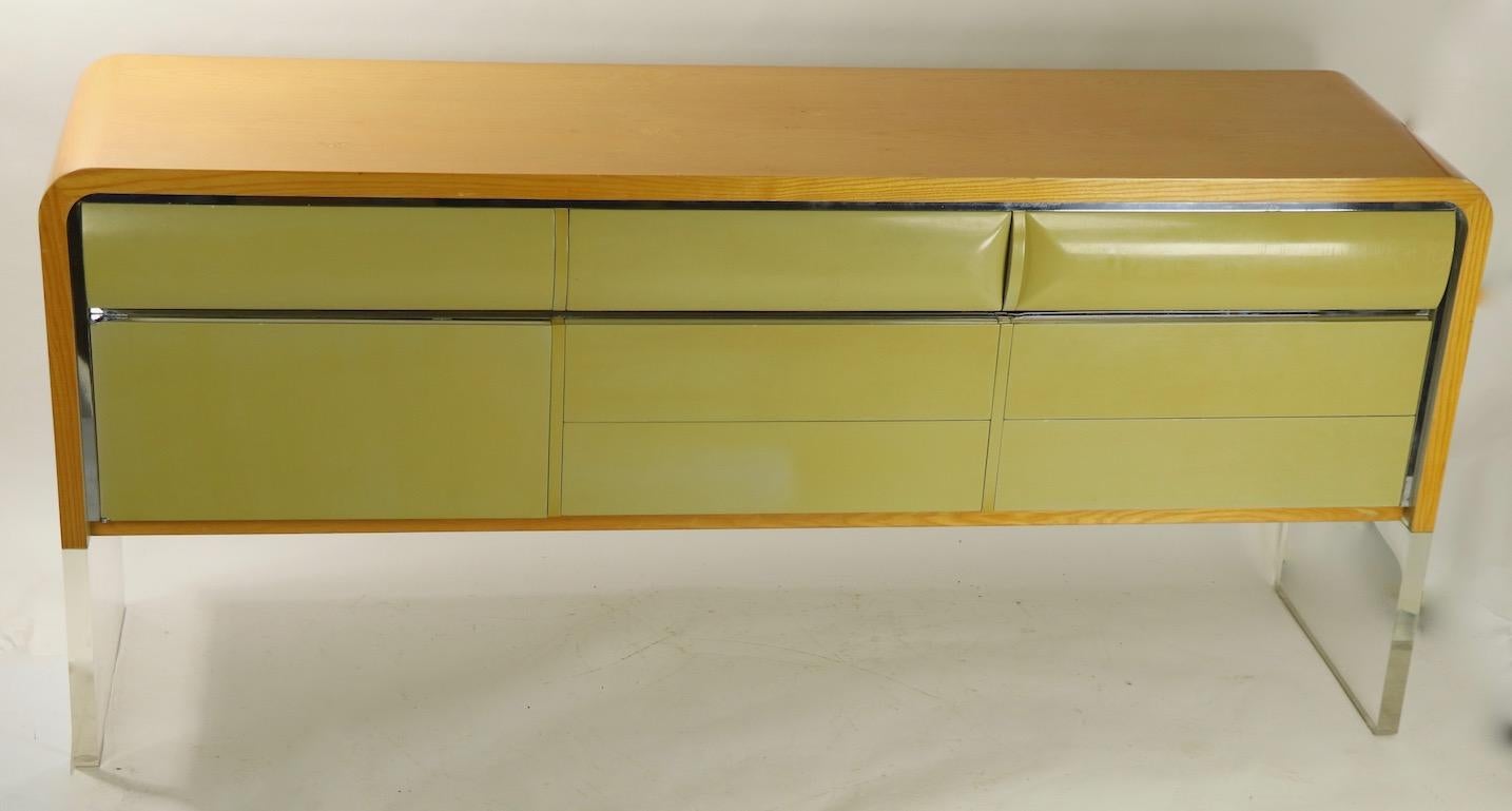 Large Sideboard Credenza with Oak Frame Lacquered Drawers and Lucite Base 5