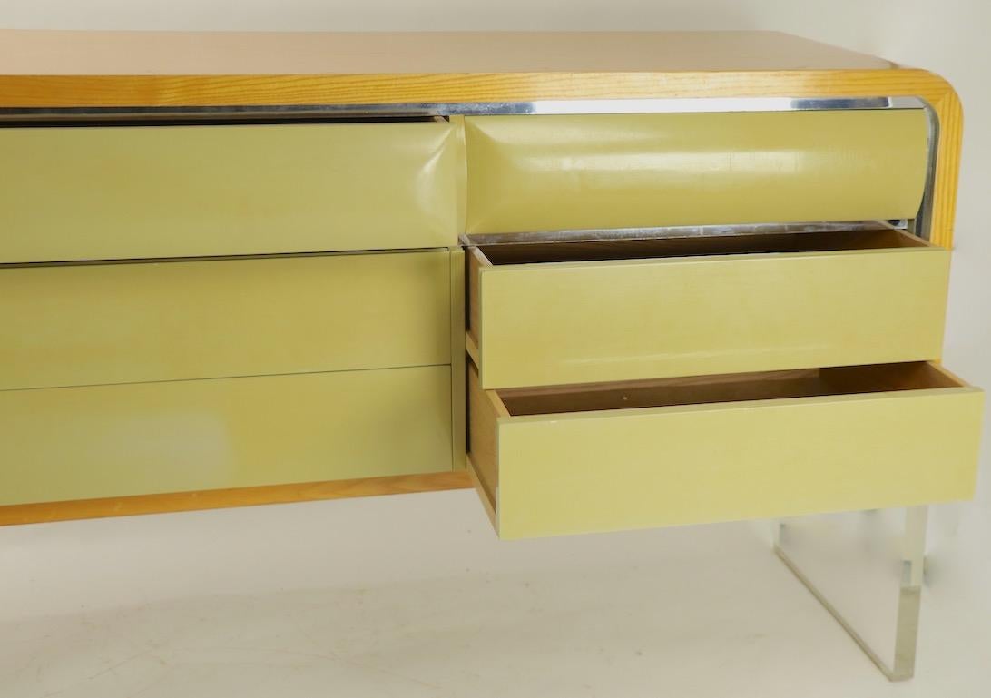 Mid-Century Modern Large Sideboard Credenza with Oak Frame Lacquered Drawers and Lucite Base