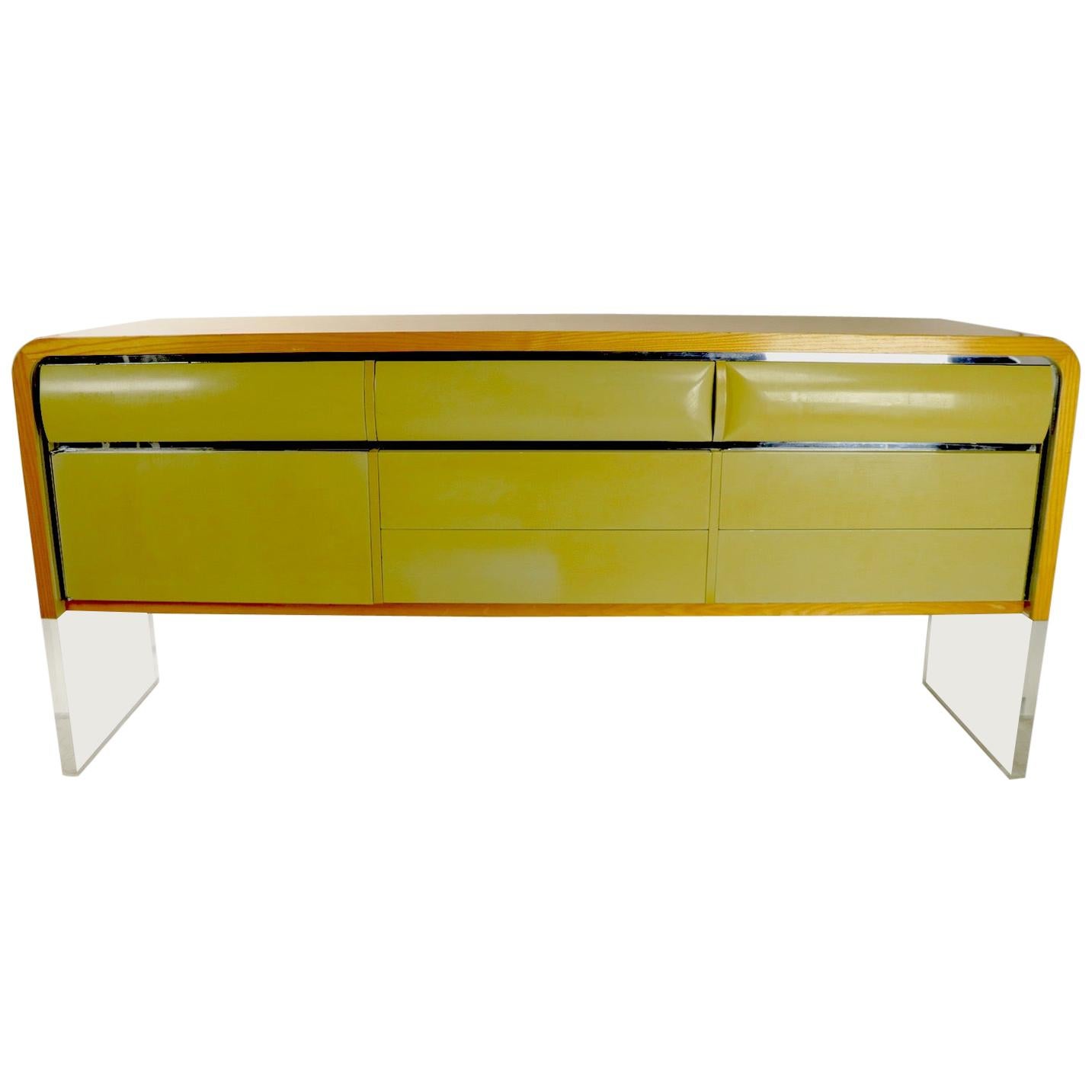 Large Sideboard Credenza with Oak Frame Lacquered Drawers and Lucite Base