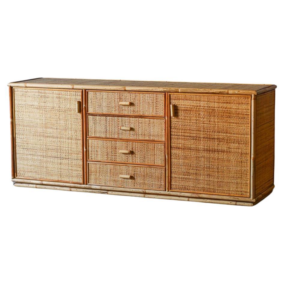 Large sideboard in rush and wicker, 1980 For Sale