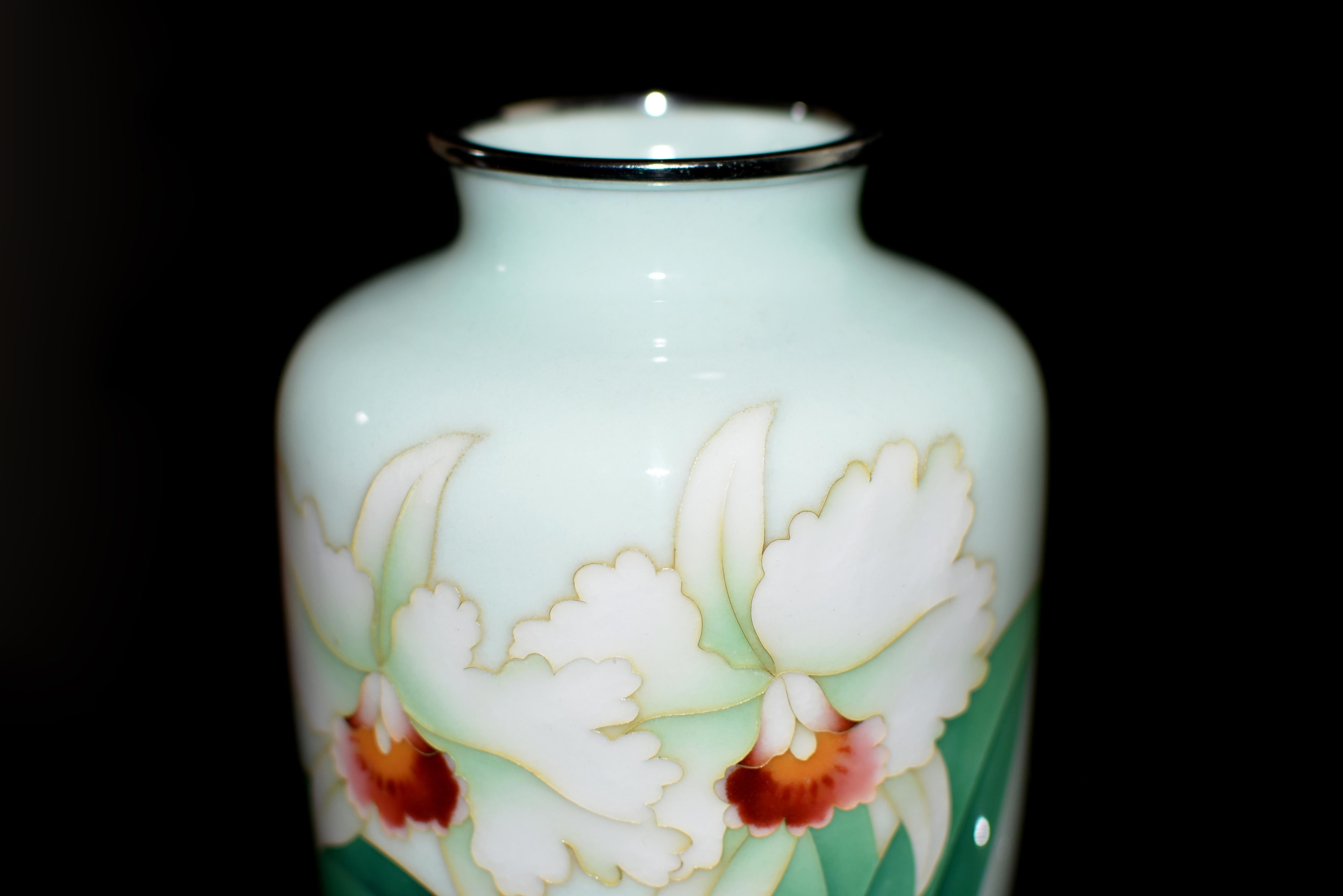 Large Signed Ando Jubei Japanese Cloisonné Vase Orchids 10