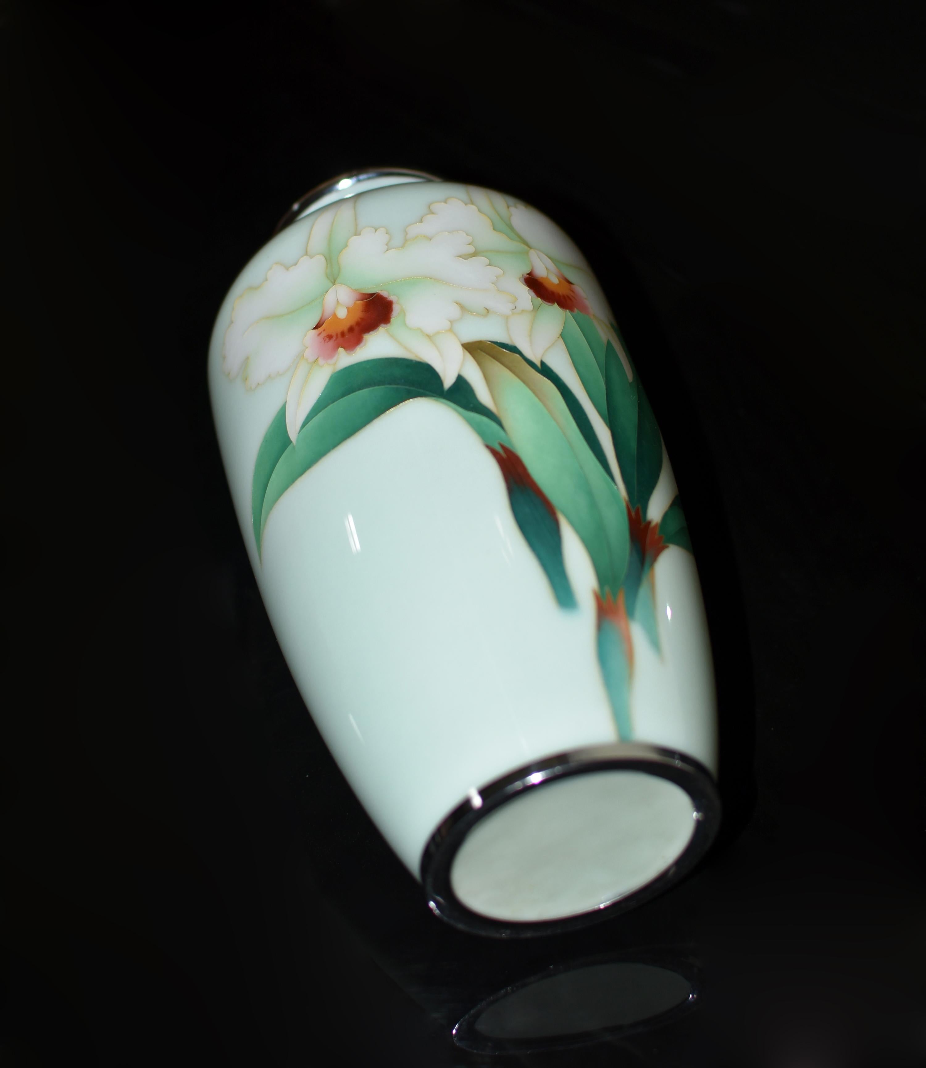 Large Signed Ando Jubei Japanese Cloisonné Vase Orchids 10