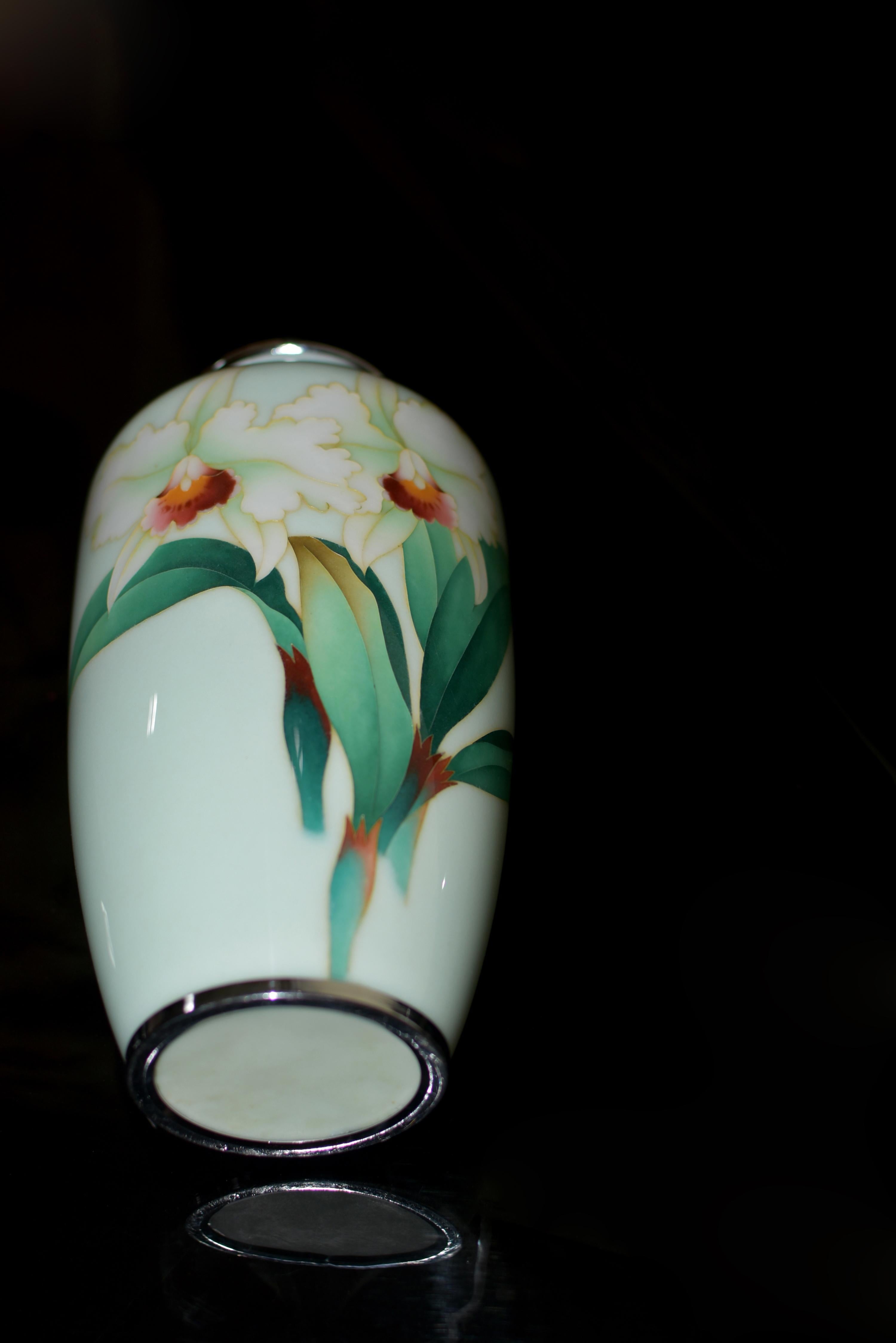 Large Signed Ando Jubei Japanese Cloisonné Vase Orchids 10