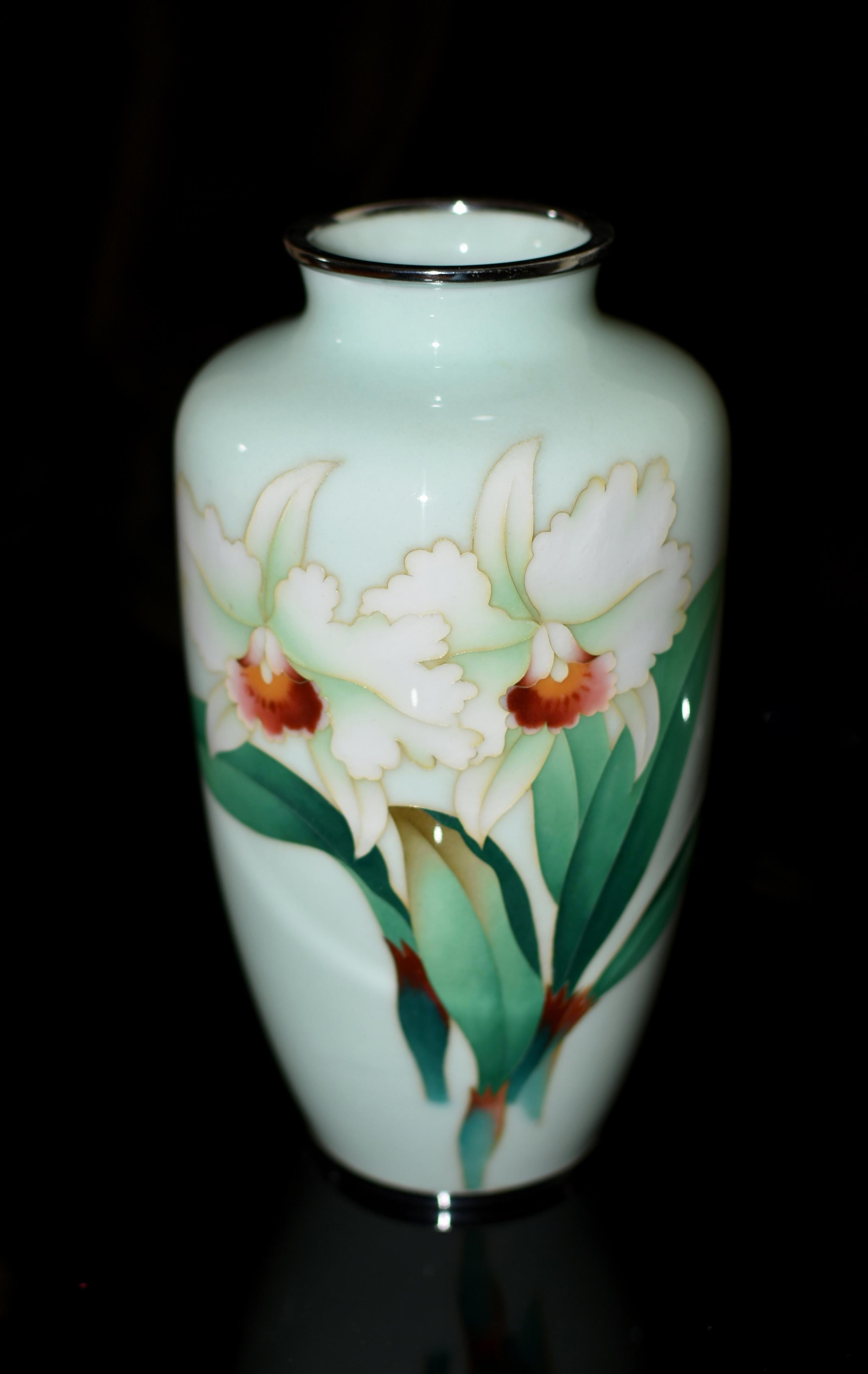 A large, rare masterpiece of Ando Jubei's wireless cloisonné artistry in excellent condition, depicting two orchids in full bloom, capturing their delicate beauty and verdant vitality. By using various shades of green and removing enamel-holding