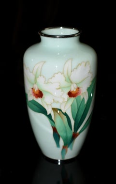 Large Signed Ando Jubei Japanese Cloisonné Vase Orchids 10"