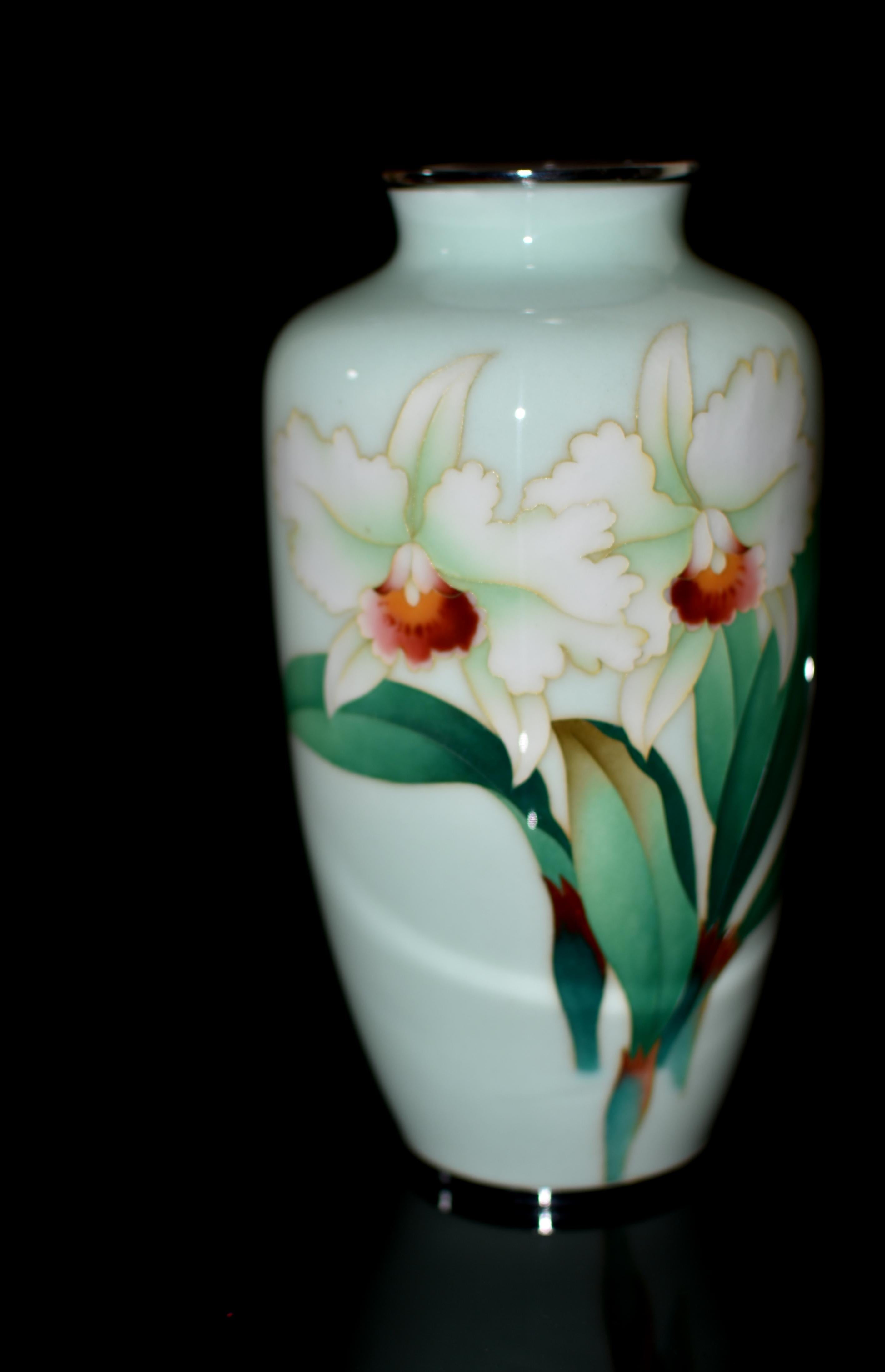 Cloissoné Large Signed Ando Jubei Japanese Cloisonné Vase Orchids 10