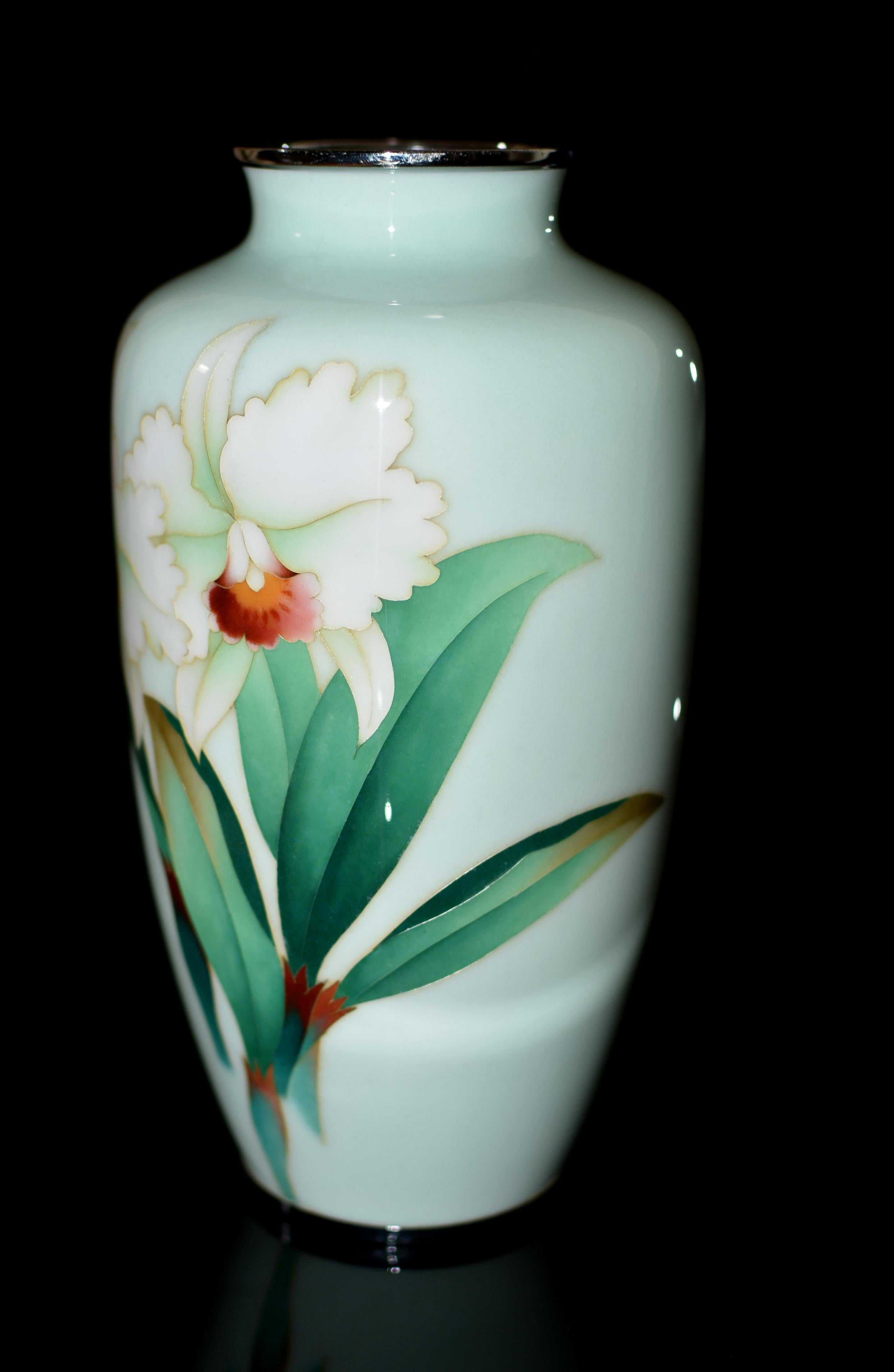 Large Signed Ando Jubei Japanese Cloisonné Vase Orchids 10