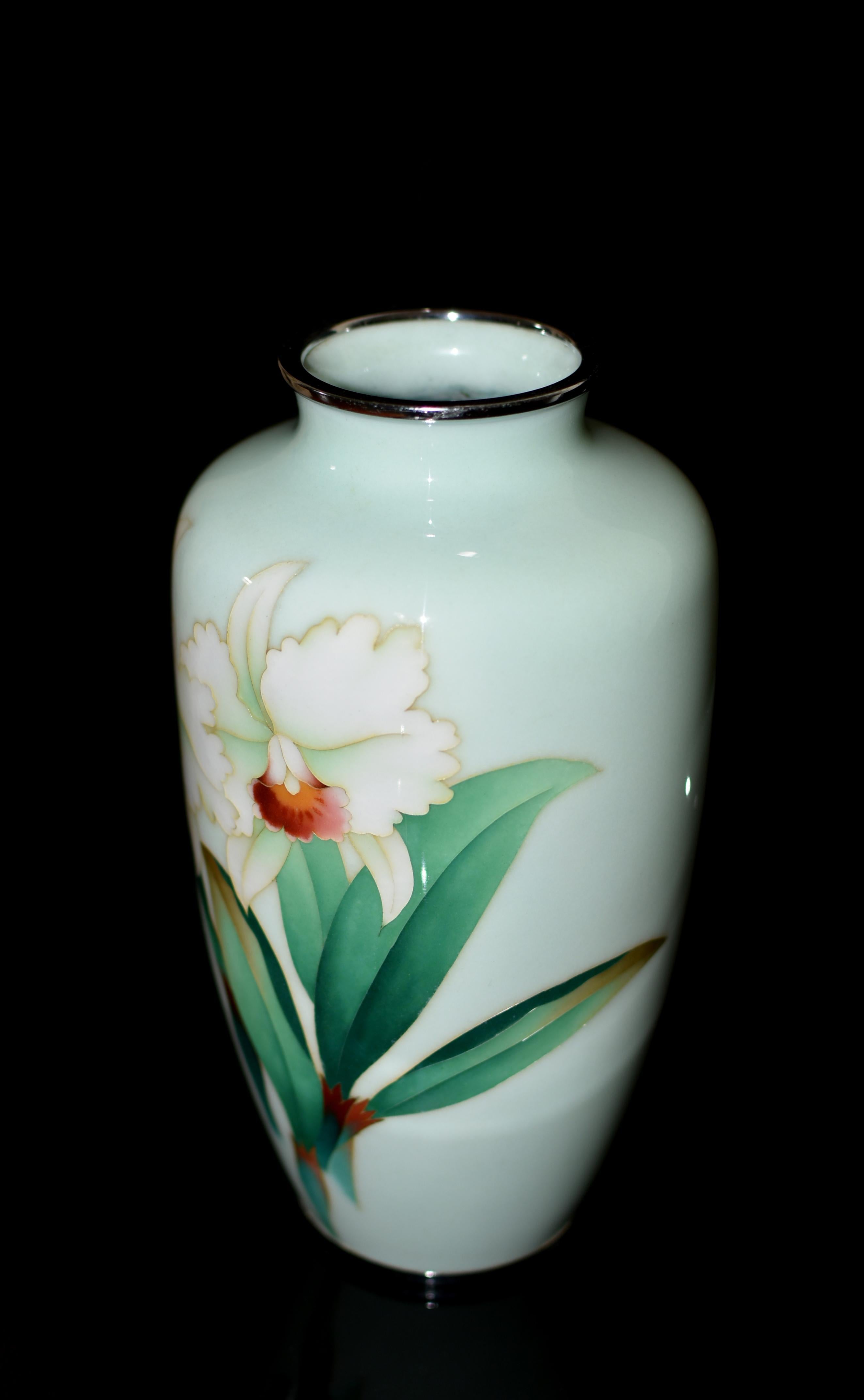 20th Century Large Signed Ando Jubei Japanese Cloisonné Vase Orchids 10