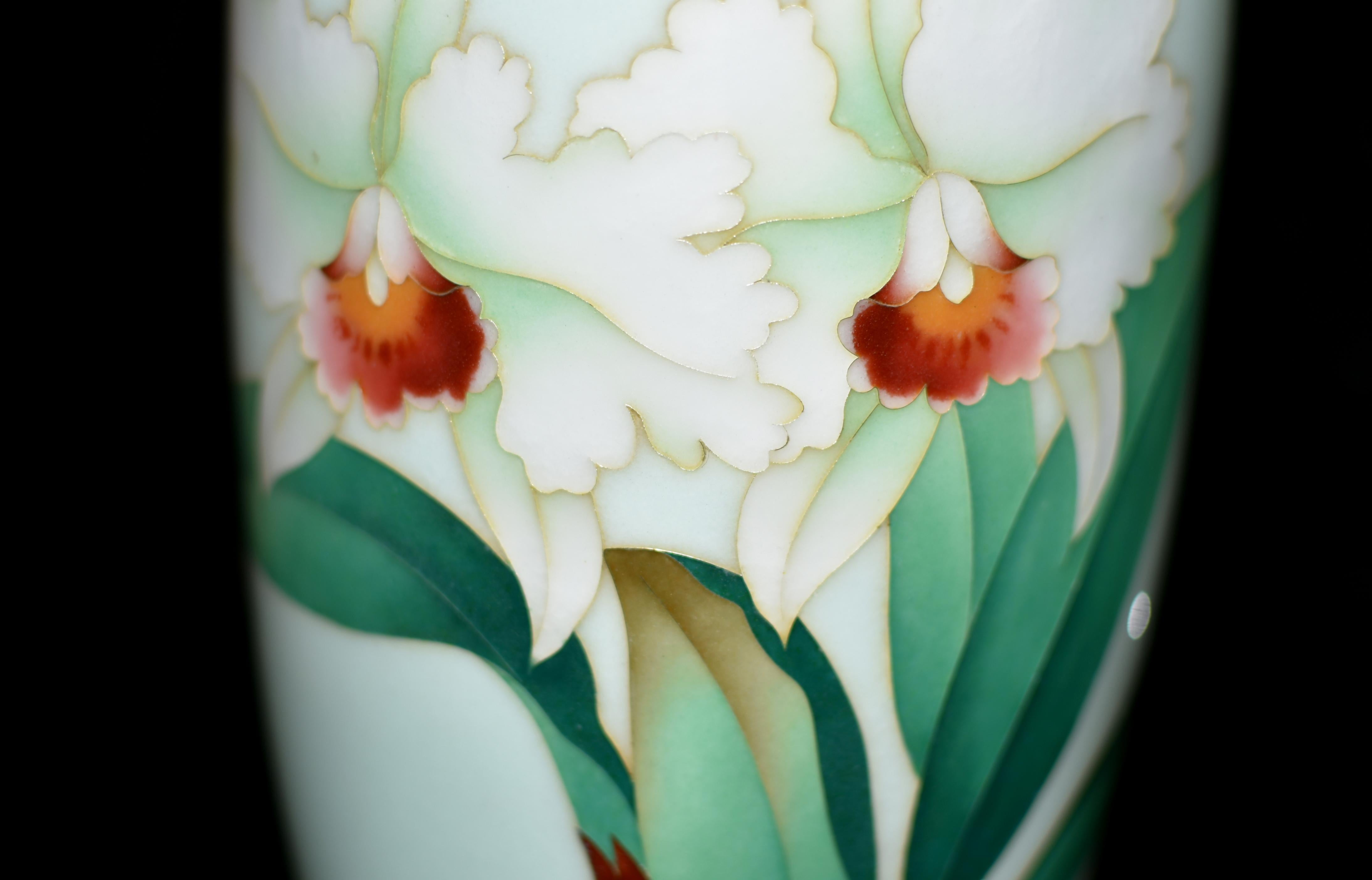 Large Signed Ando Jubei Japanese Cloisonné Vase Orchids 10