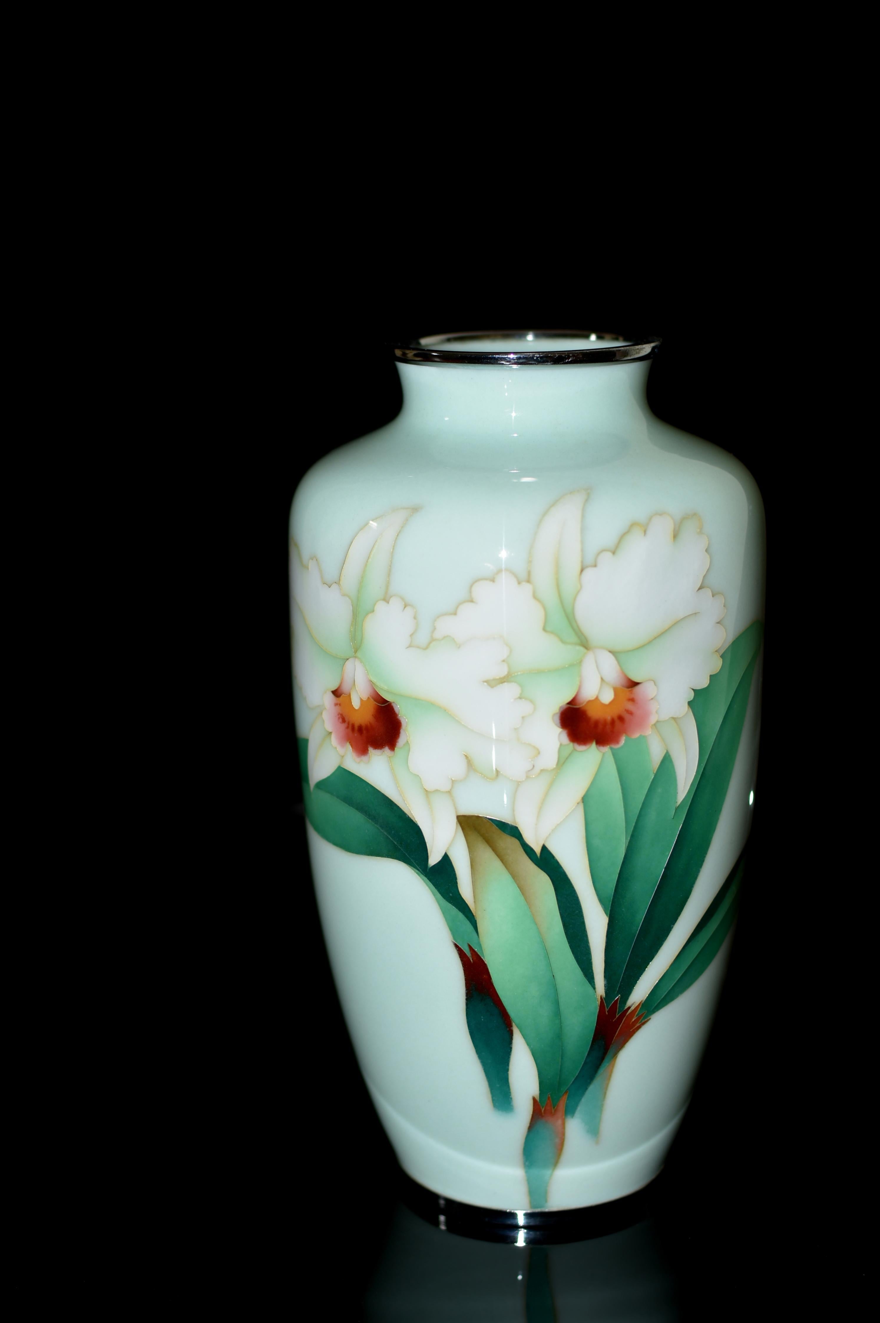 Large Signed Ando Jubei Japanese Cloisonné Vase Orchids 10