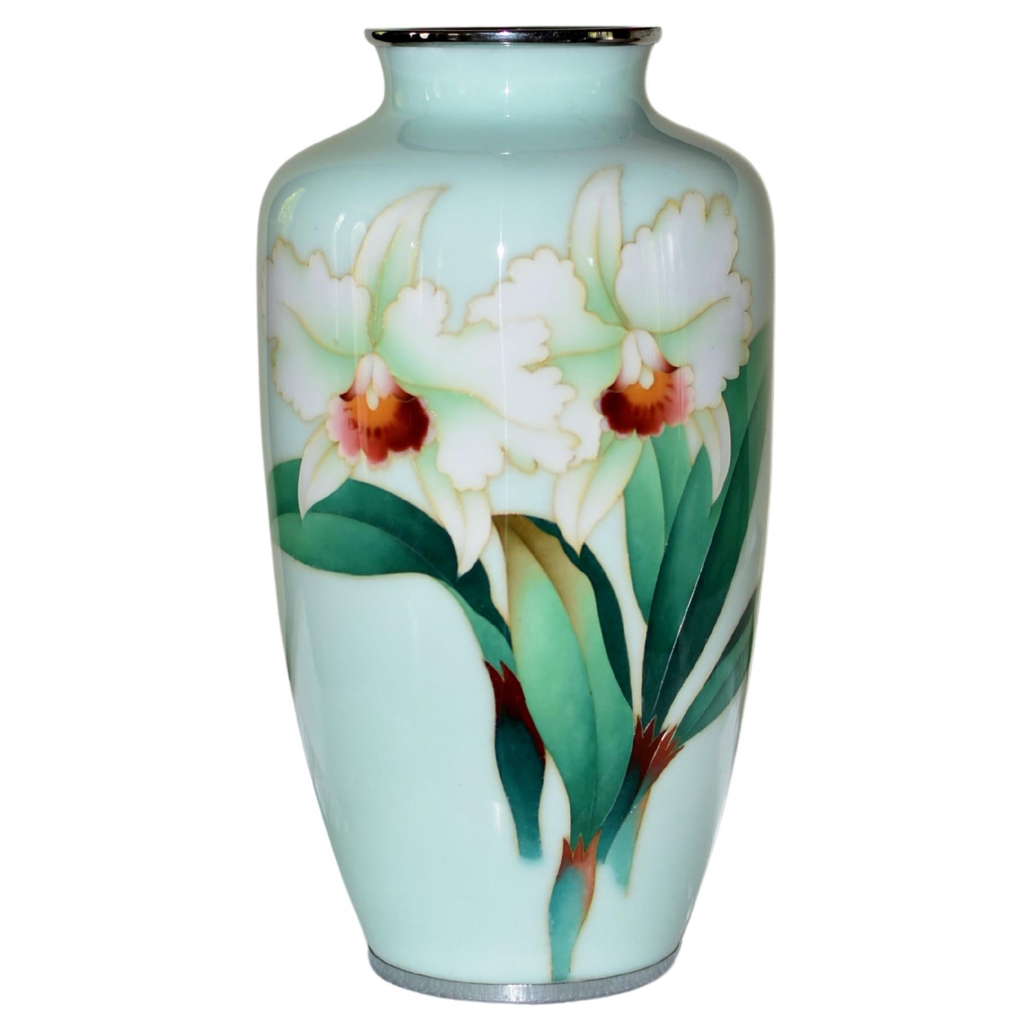 Large Signed Ando Jubei Japanese Cloisonné Vase Orchids 10"