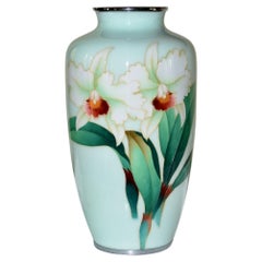 Grande vaso cloisonné giapponese firmato Ando Jubei, orchidee 10"