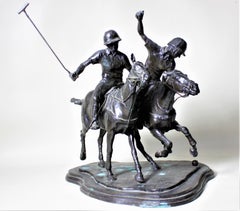 Large Signed Antique Bronze Polo Players Sculpture Titled "The Ride Off"