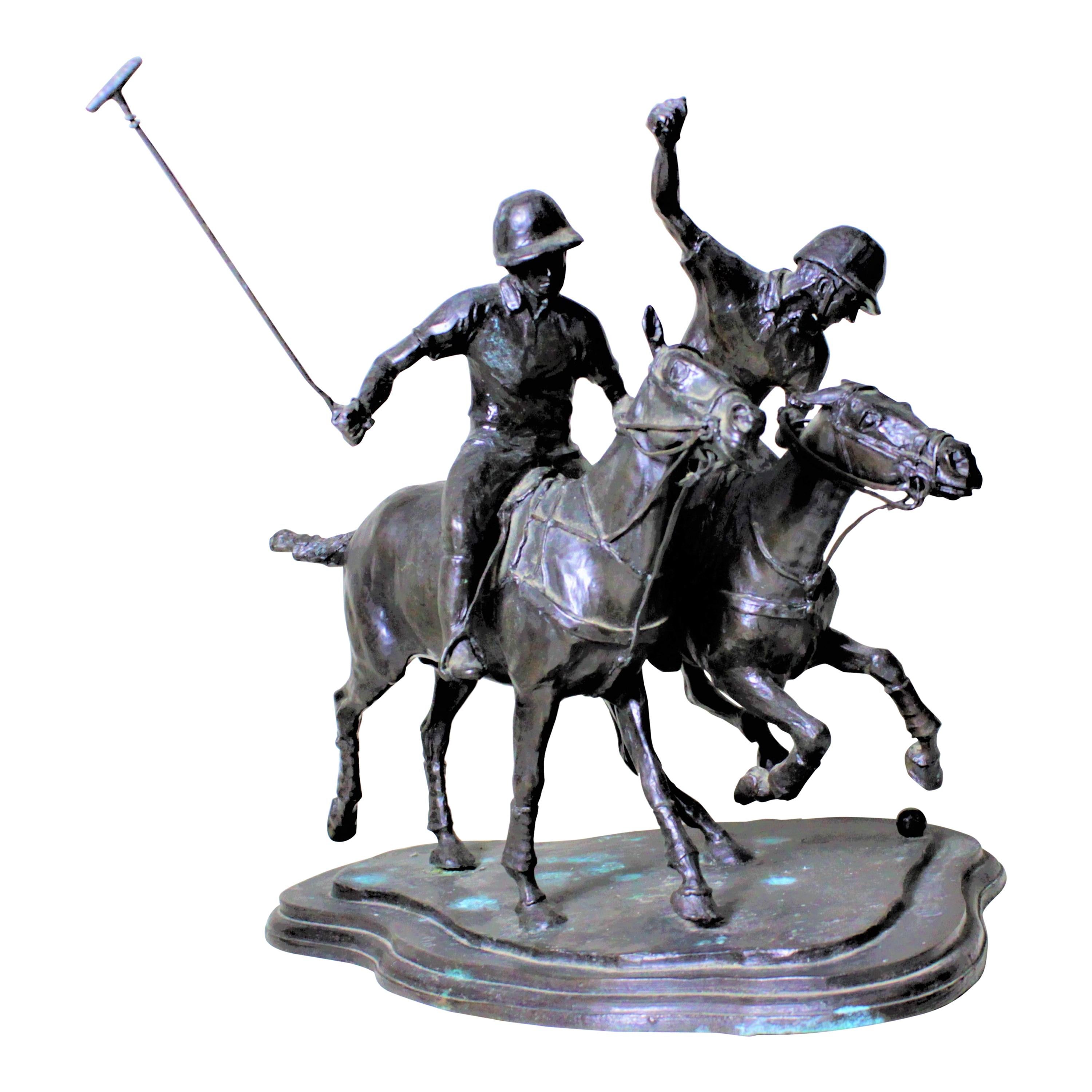 Large Signed Antique Bronze Polo Players Sculpture Titled "The Ride Off"