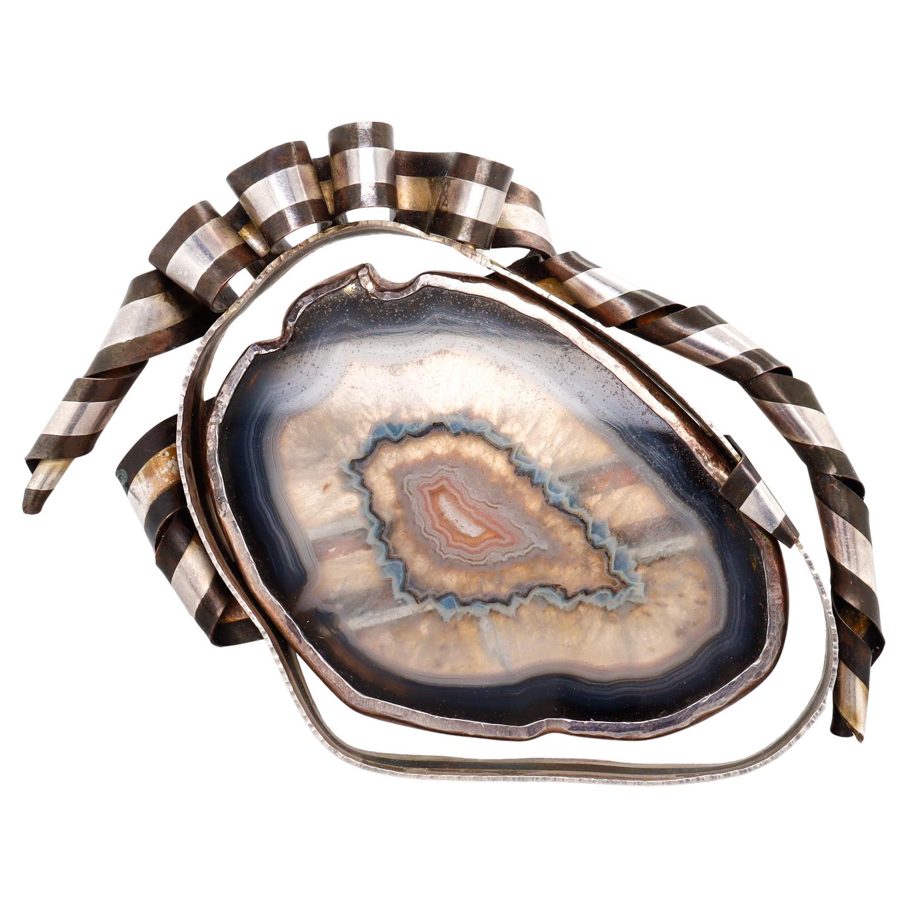 Large Signed Arline Fisch Sterling Silver and Agate Cross Cut Brooch or Coat Pin For Sale