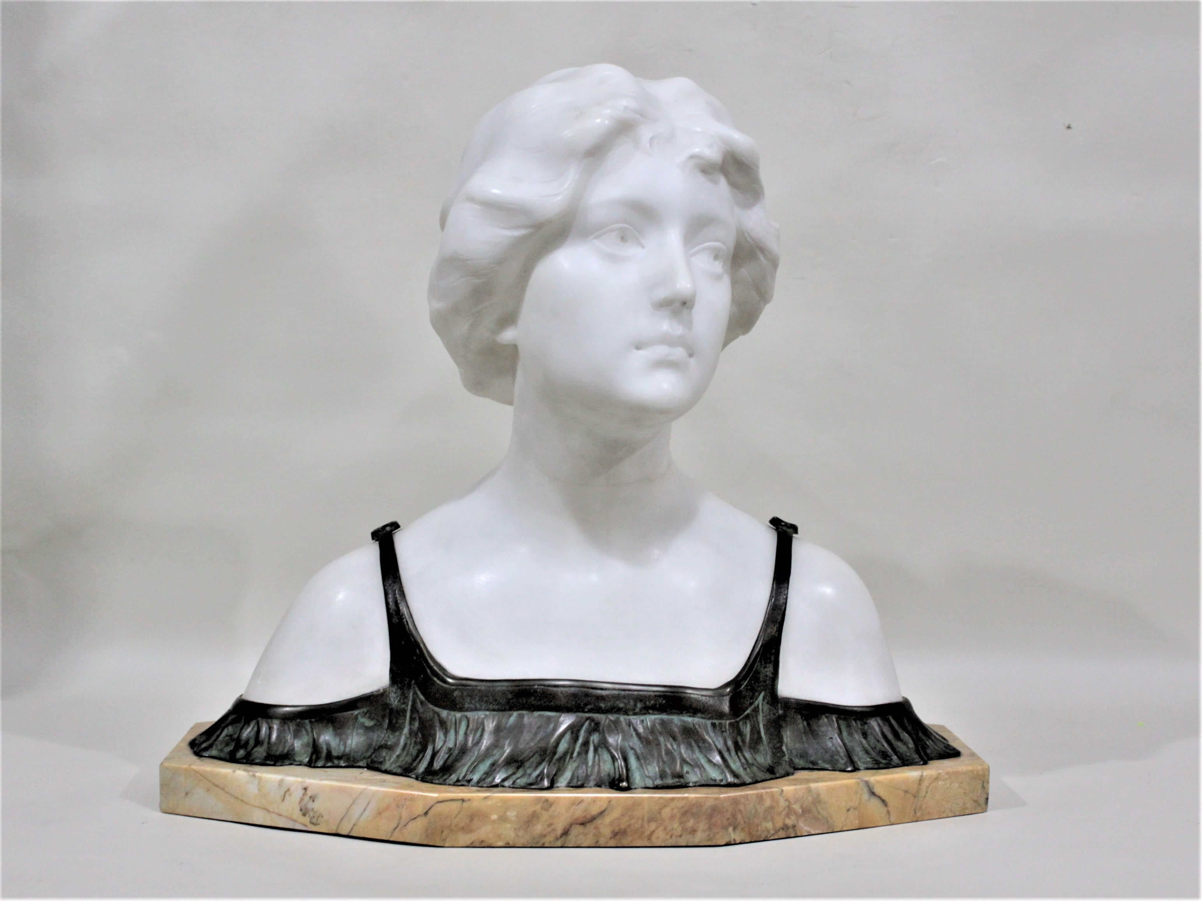 Large Signed Art Nouveau Carved Alabaster and Bronze Female Sculpture or Bust 8