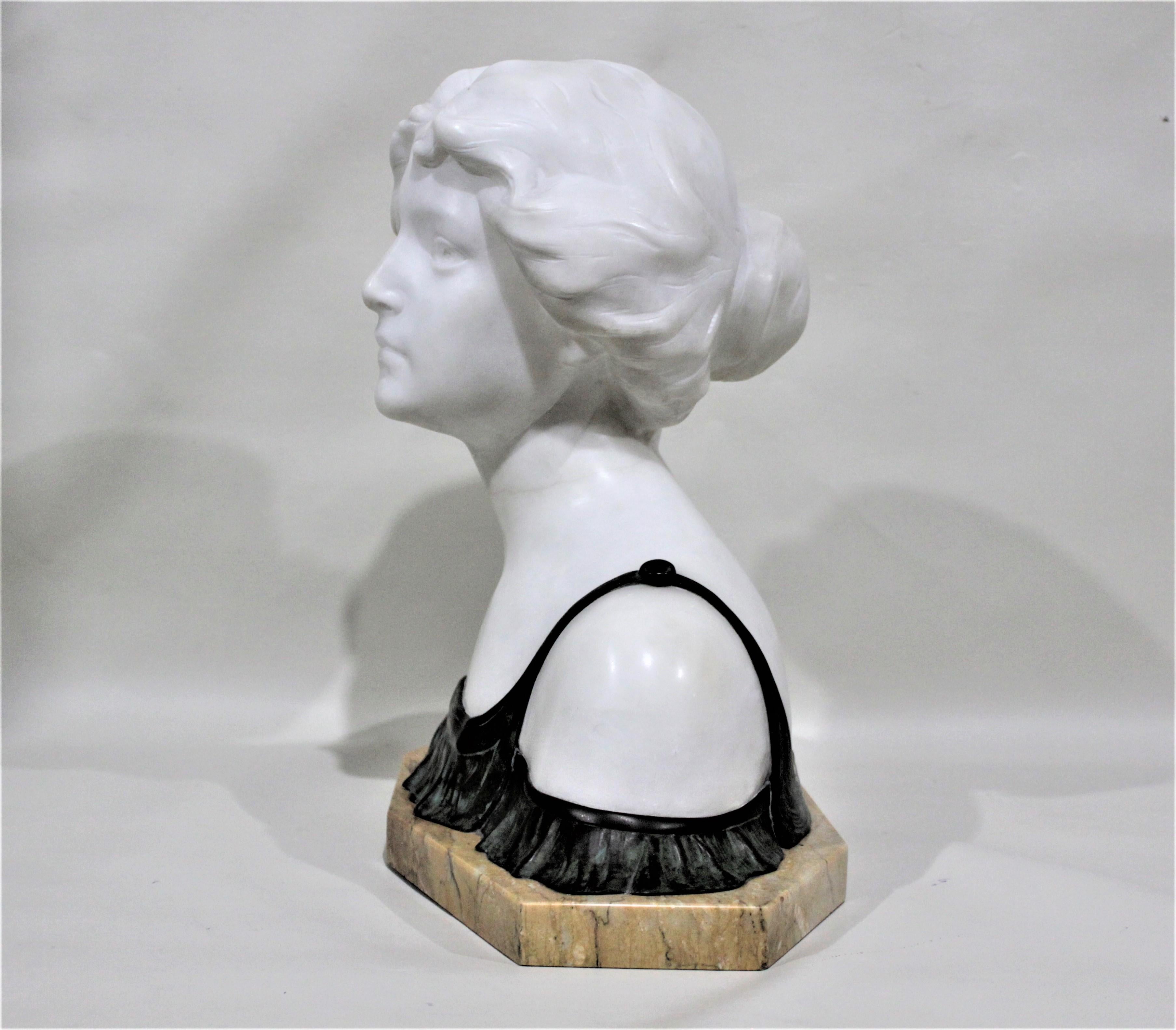 Large Signed Art Nouveau Carved Alabaster and Bronze Female Sculpture or Bust In Good Condition In Hamilton, Ontario