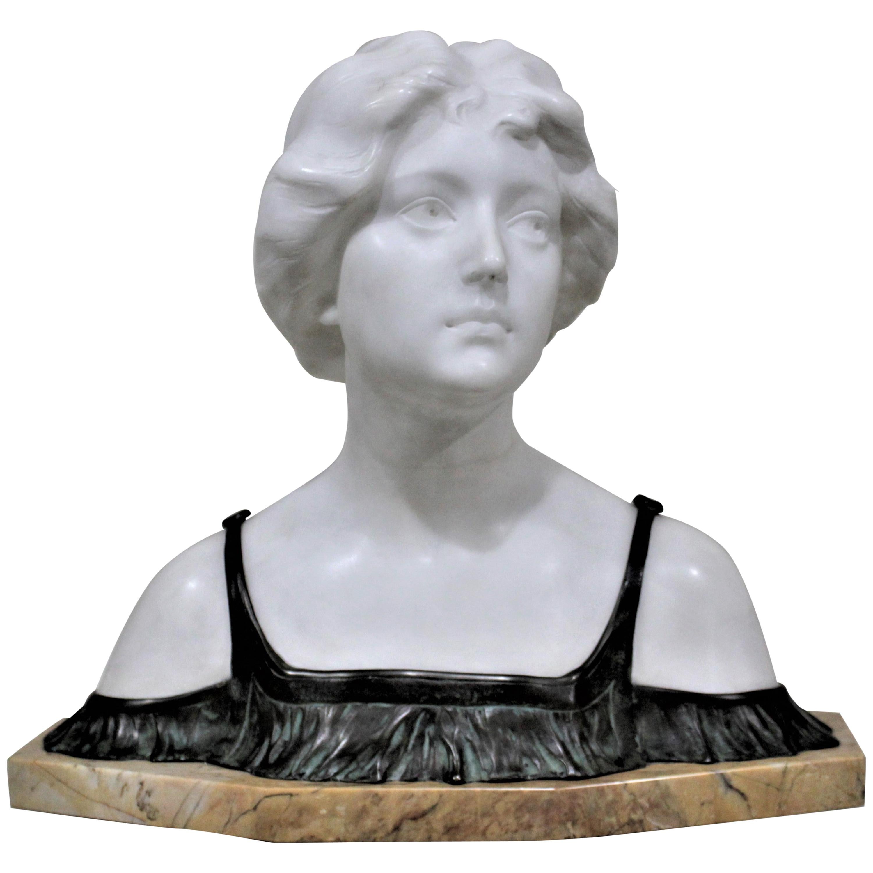 Large Signed Art Nouveau Carved Alabaster and Bronze Female Sculpture or Bust