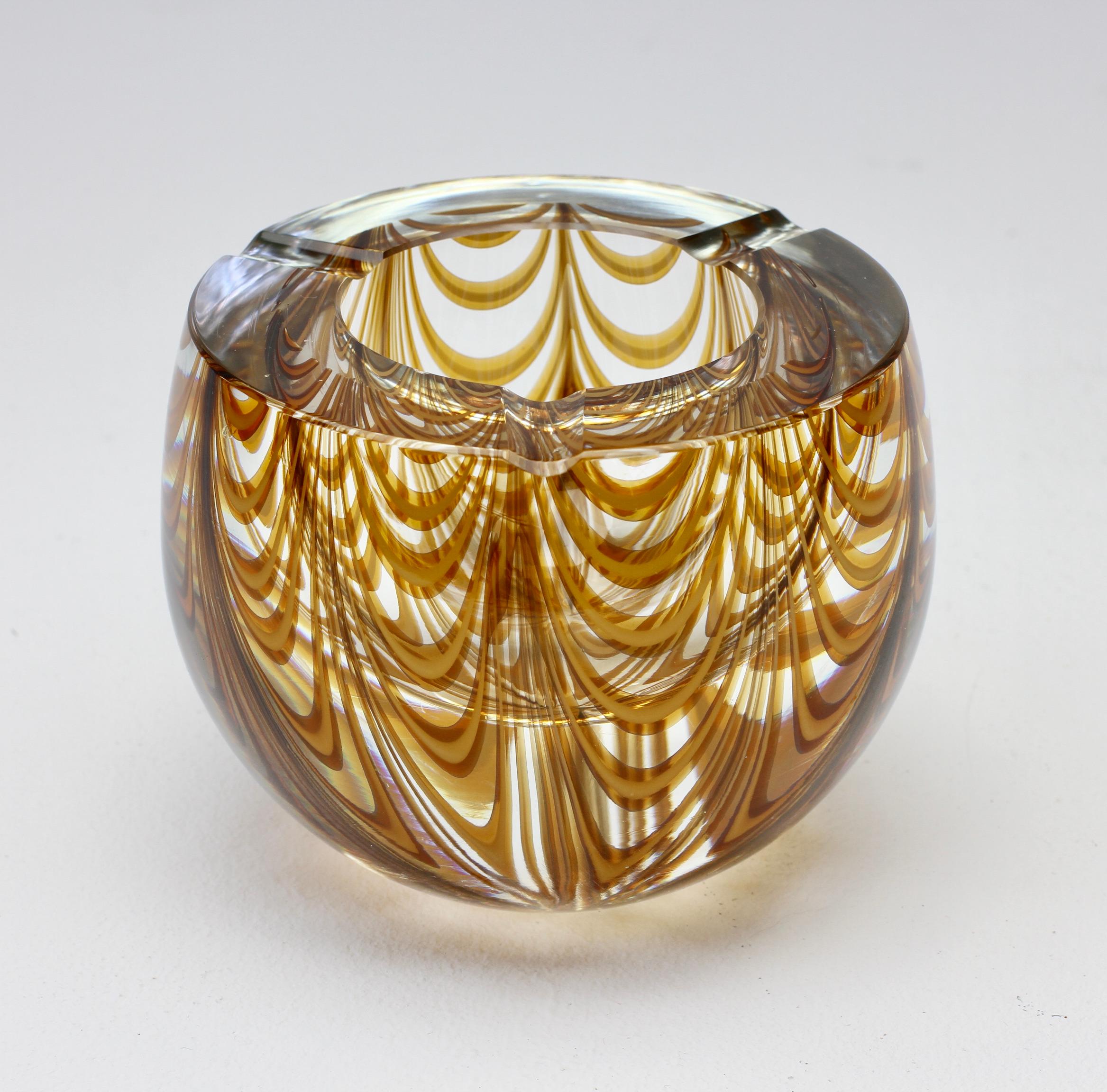 Large Signed Cenedese 1970s Italian Amber 'Zebrato' Clear Murano Glass Ashtray 4