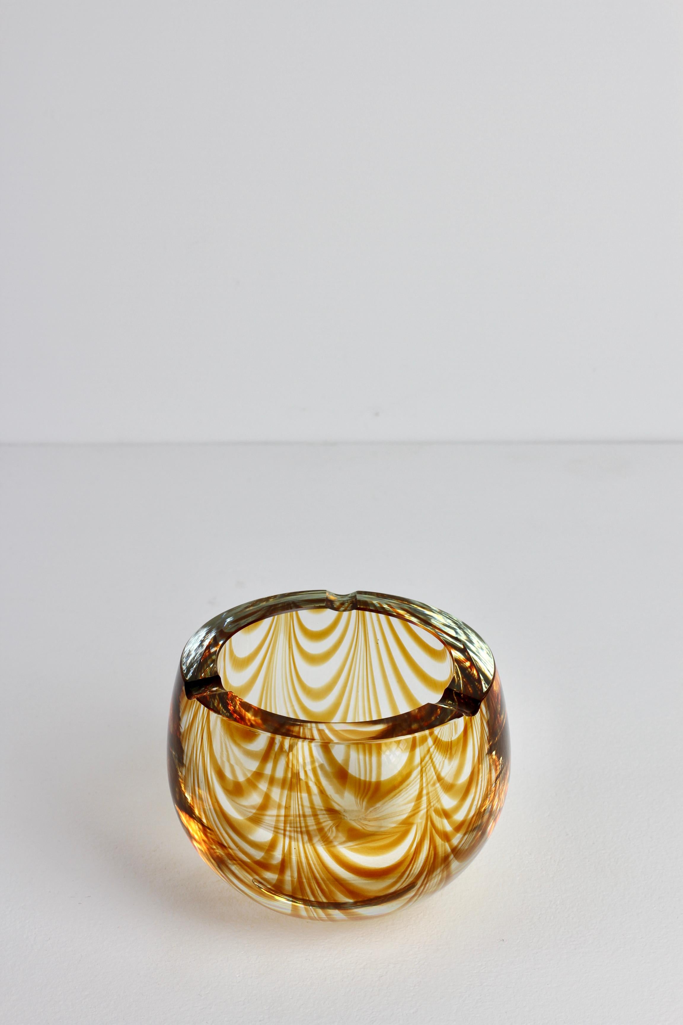 Large Signed Cenedese 1970s Italian Amber 'Zebrato' Clear Murano Glass Ashtray 4