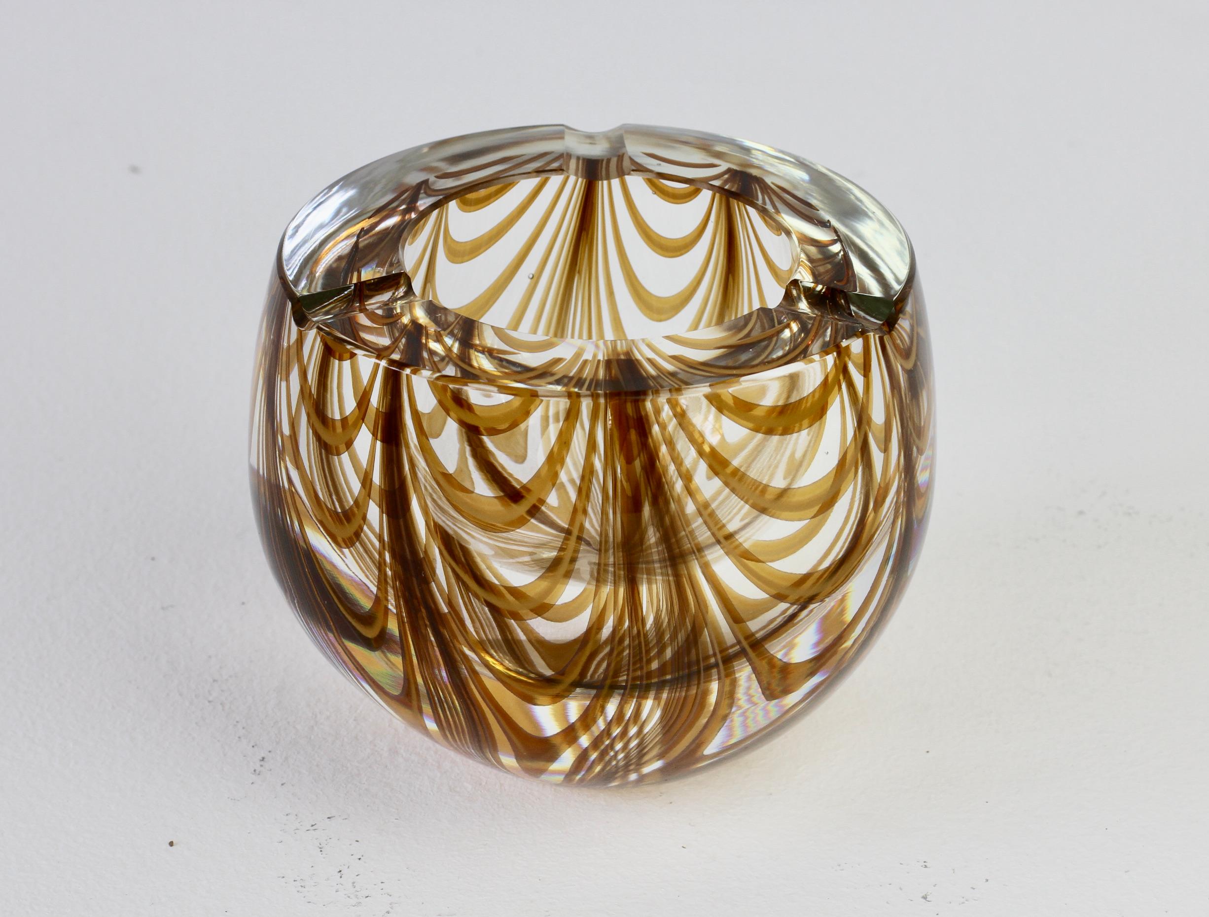 Large Signed Cenedese 1970s Italian Amber 'Zebrato' Clear Murano Glass Ashtray For Sale 3