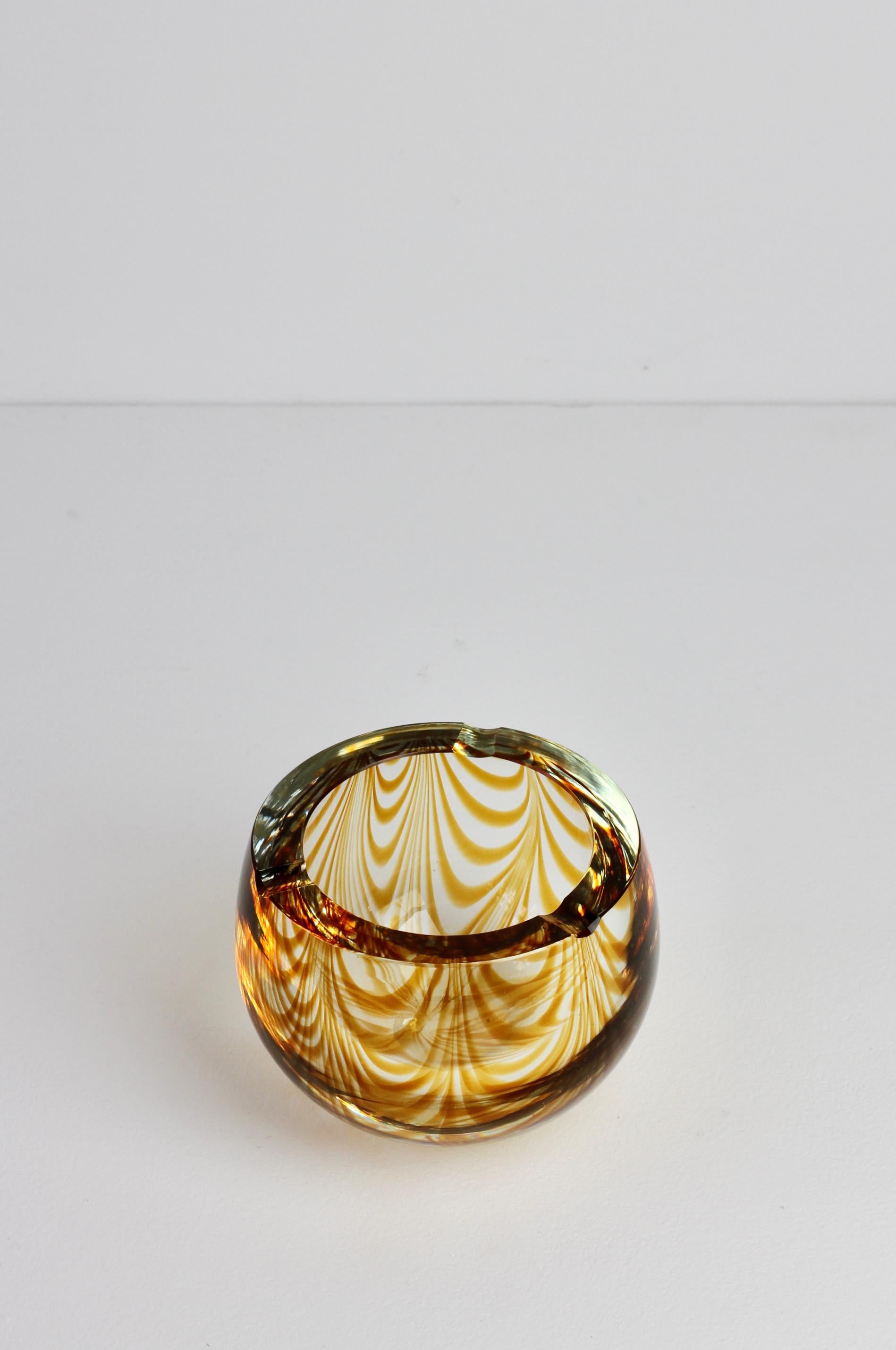 Large Signed Cenedese 1970s Italian Amber 'Zebrato' Clear Murano Glass Ashtray 5