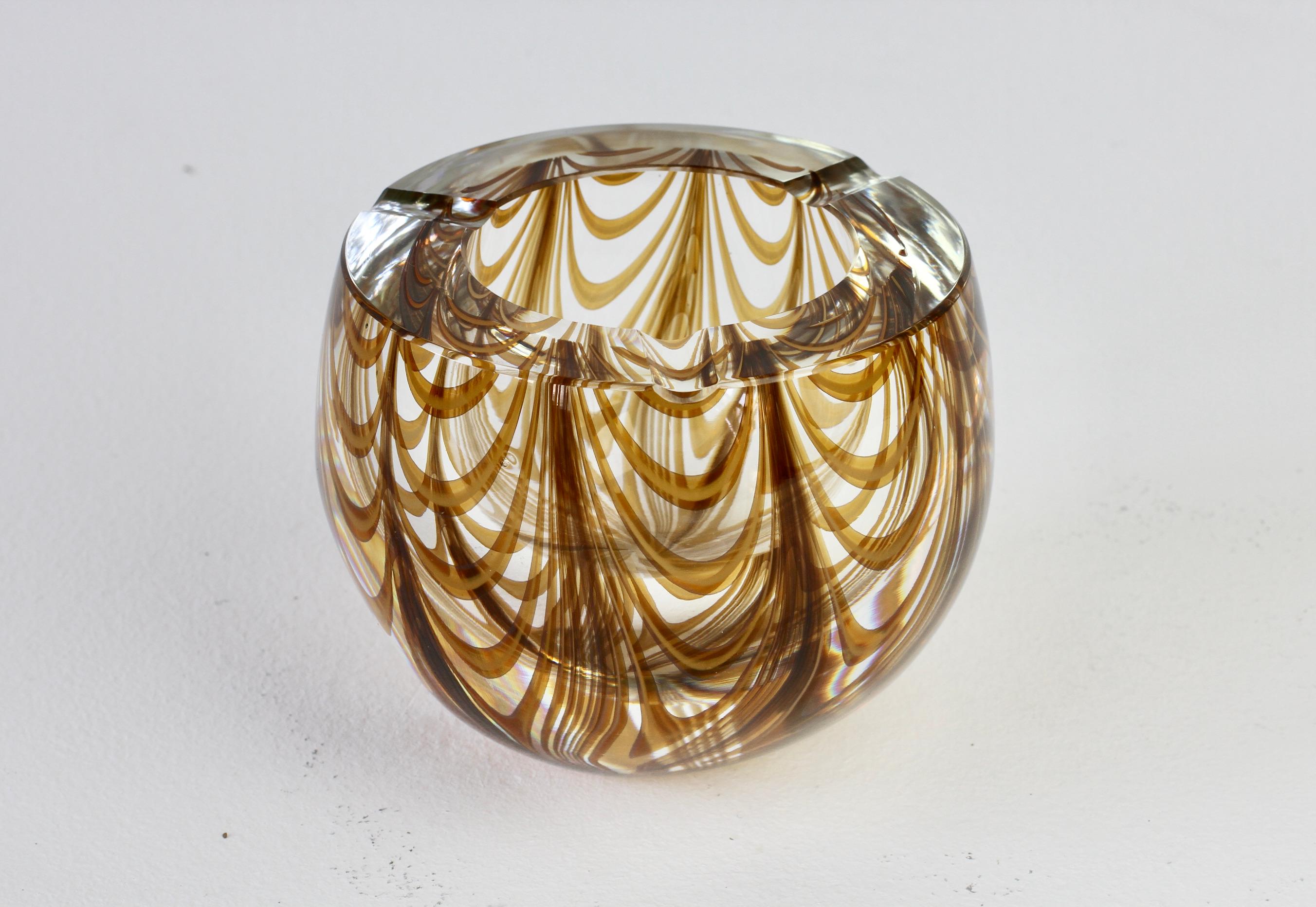 Large Signed Cenedese 1970s Italian Amber 'Zebrato' Clear Murano Glass Ashtray For Sale 4