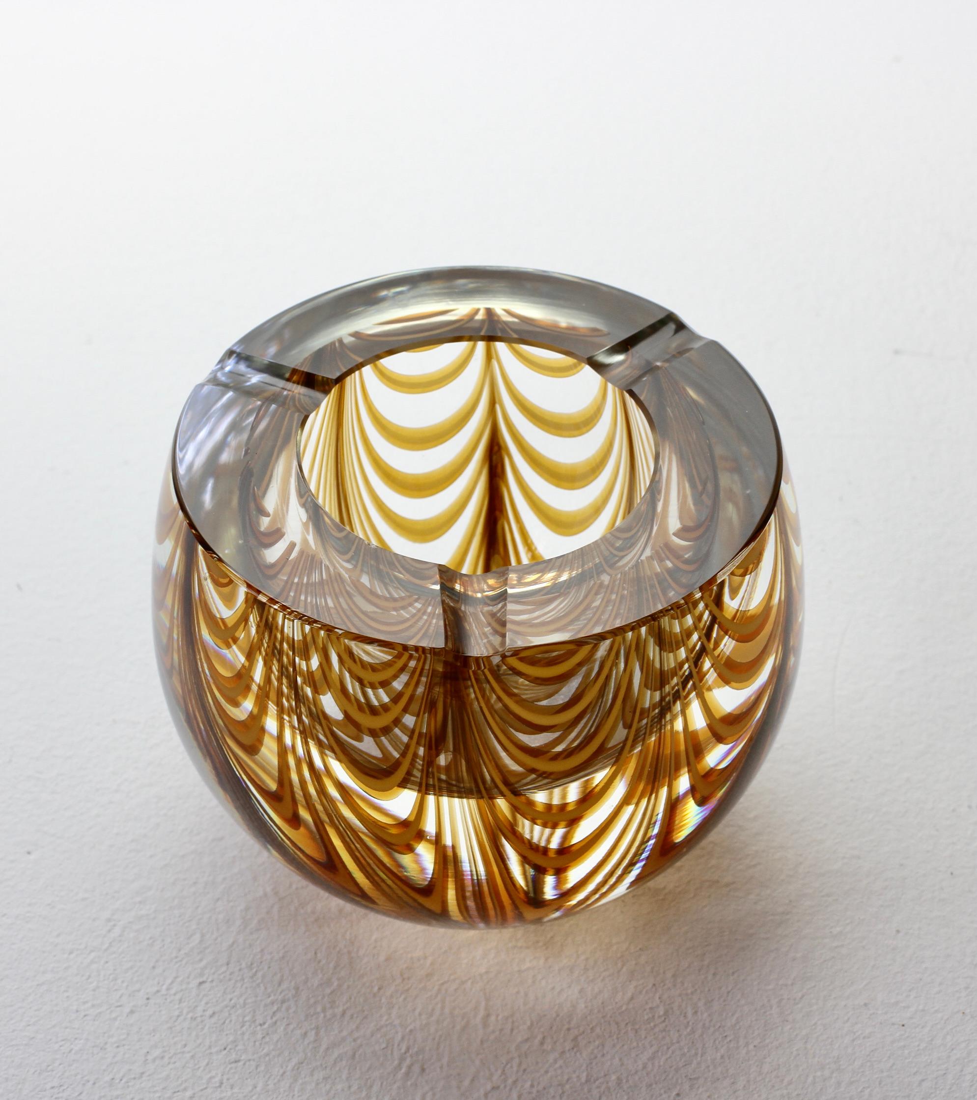 Large Signed Cenedese 1970s Italian Amber 'Zebrato' Clear Murano Glass Ashtray 6