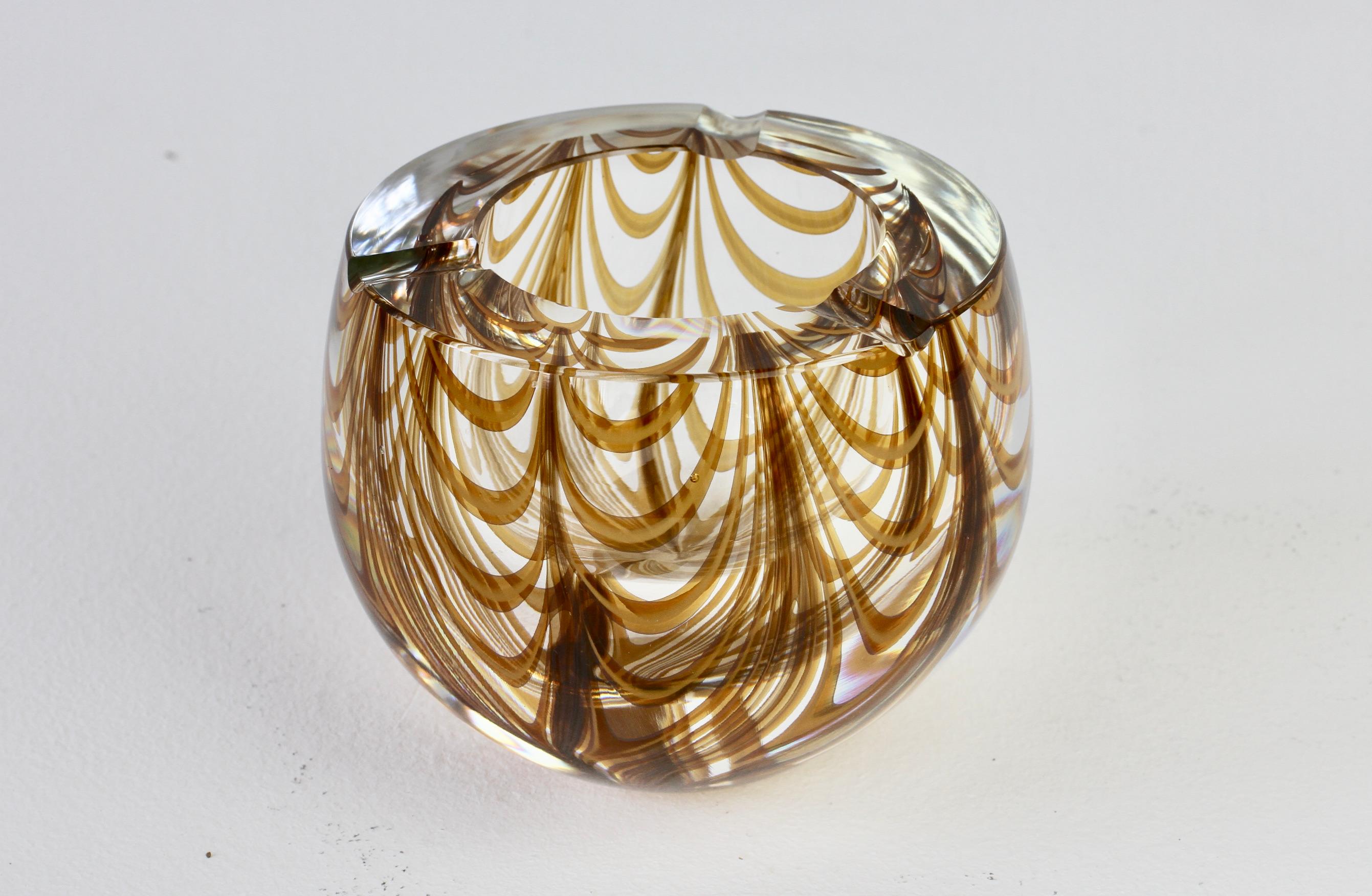 Large Signed Cenedese 1970s Italian Amber 'Zebrato' Clear Murano Glass Ashtray For Sale 5