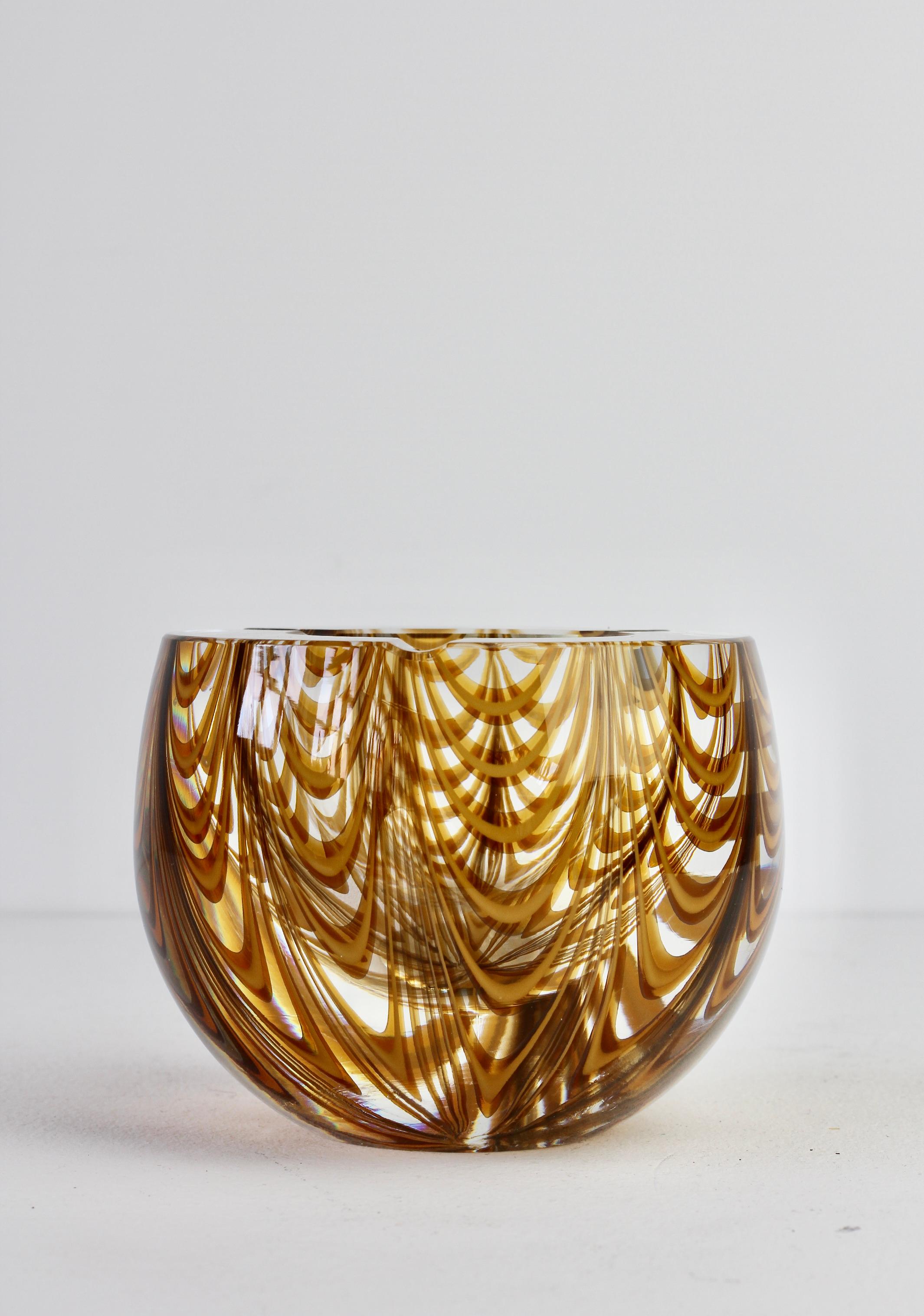 Large Signed Cenedese 1970s Italian Amber 'Zebrato' Clear Murano Glass Ashtray 7