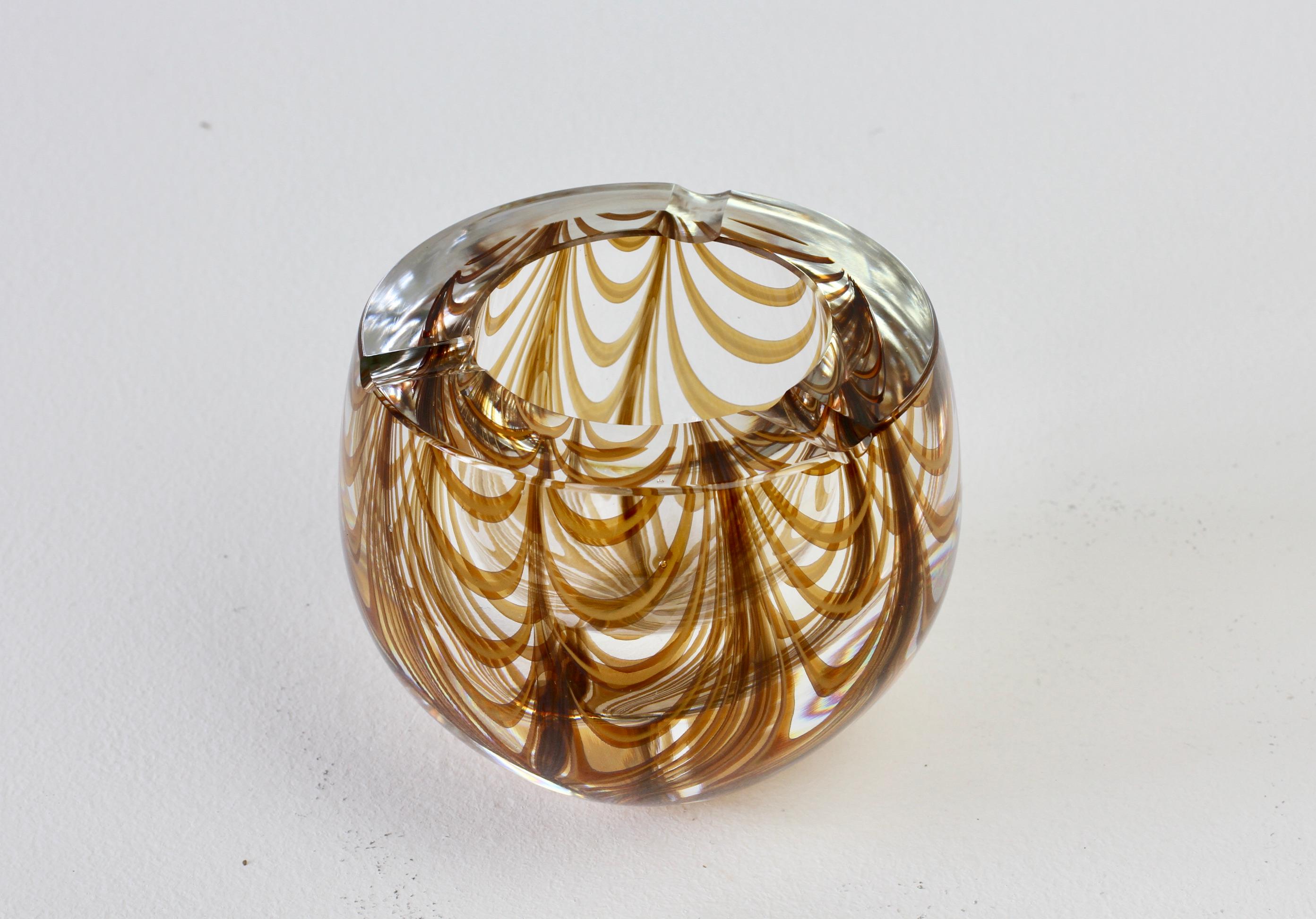 Large Signed Cenedese 1970s Italian Amber 'Zebrato' Clear Murano Glass Ashtray For Sale 6