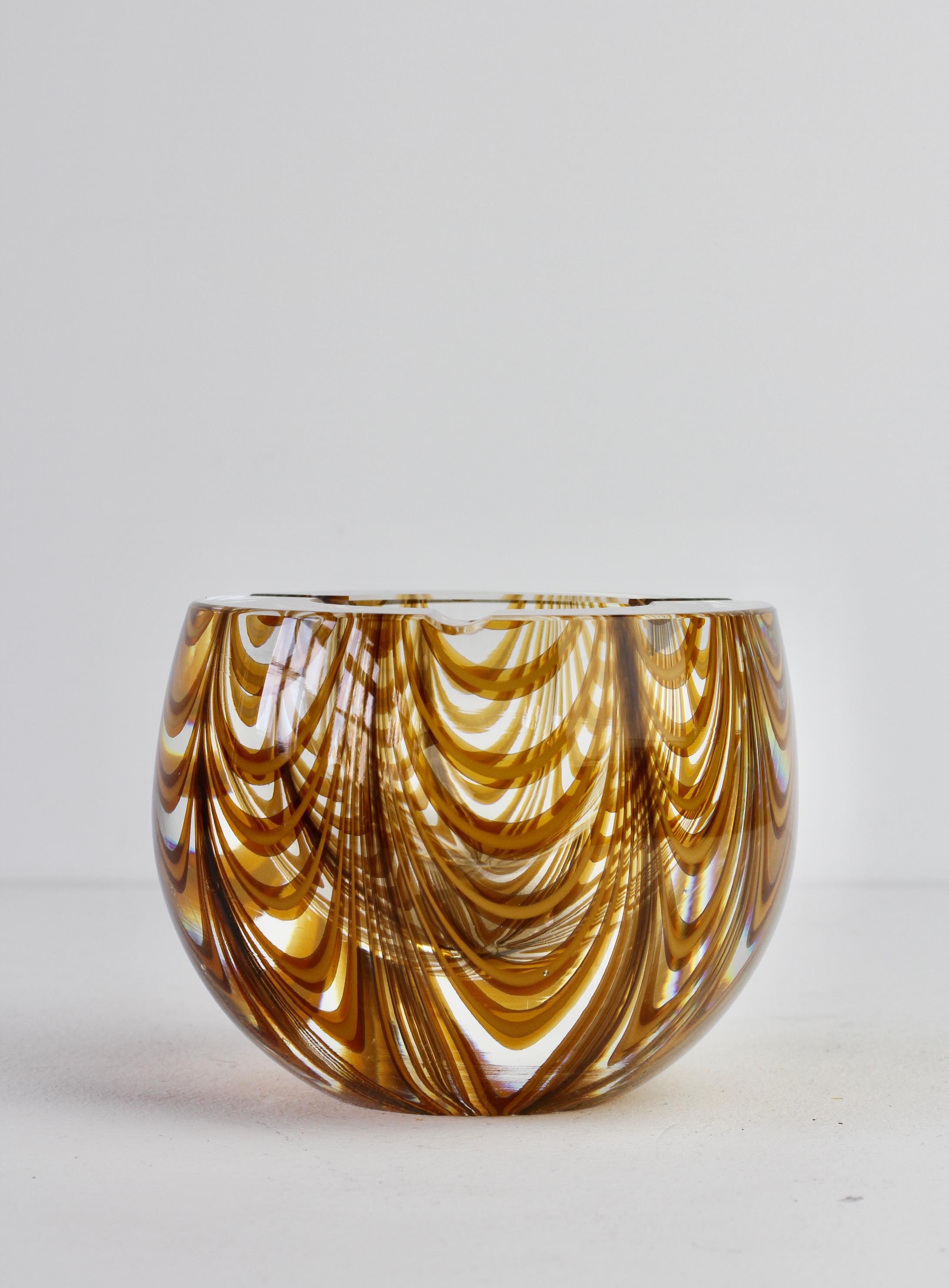 Large Signed Cenedese 1970s Italian Amber 'Zebrato' Clear Murano Glass Ashtray 9