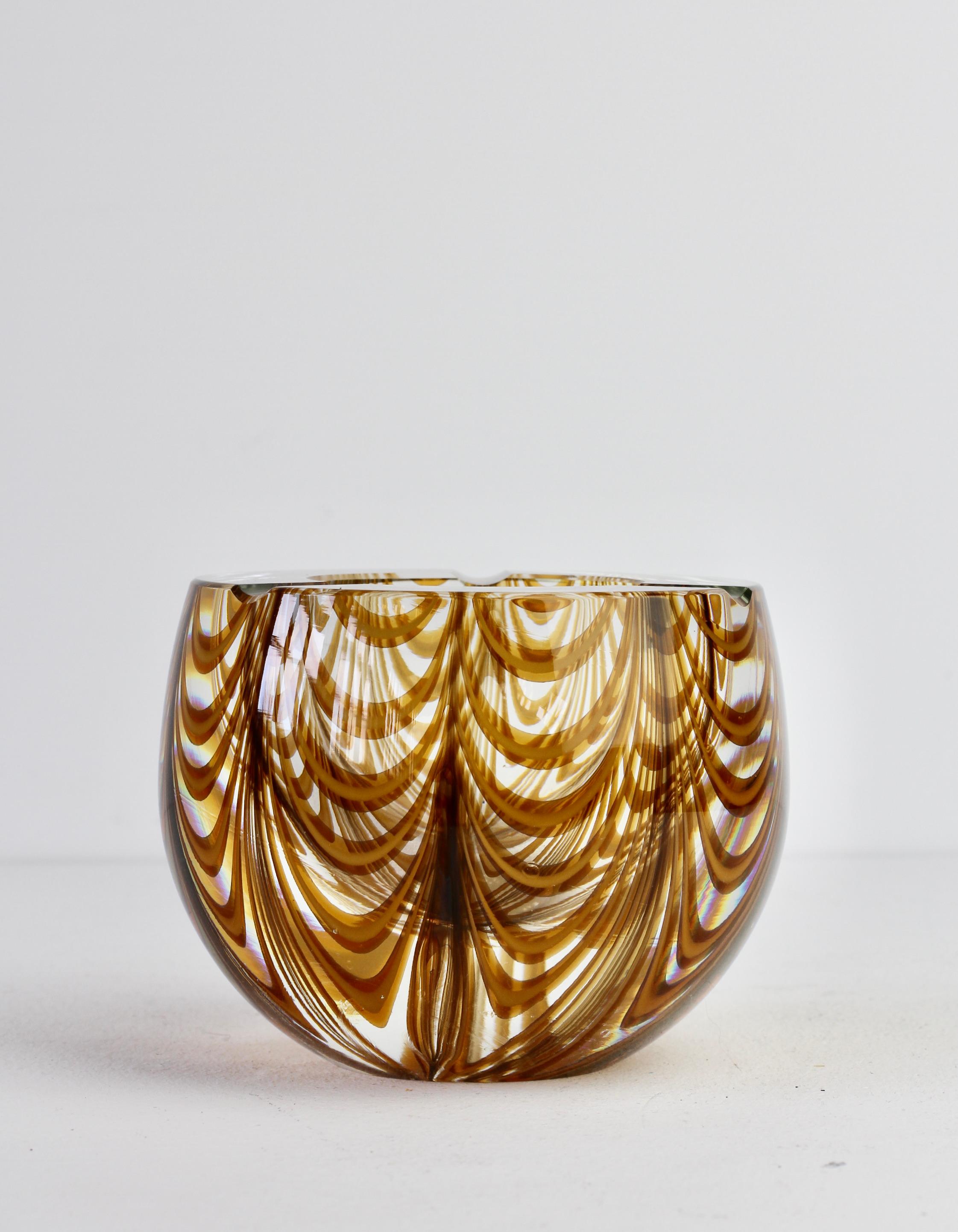 Large Signed Cenedese 1970s Italian Amber 'Zebrato' Clear Murano Glass Ashtray 10