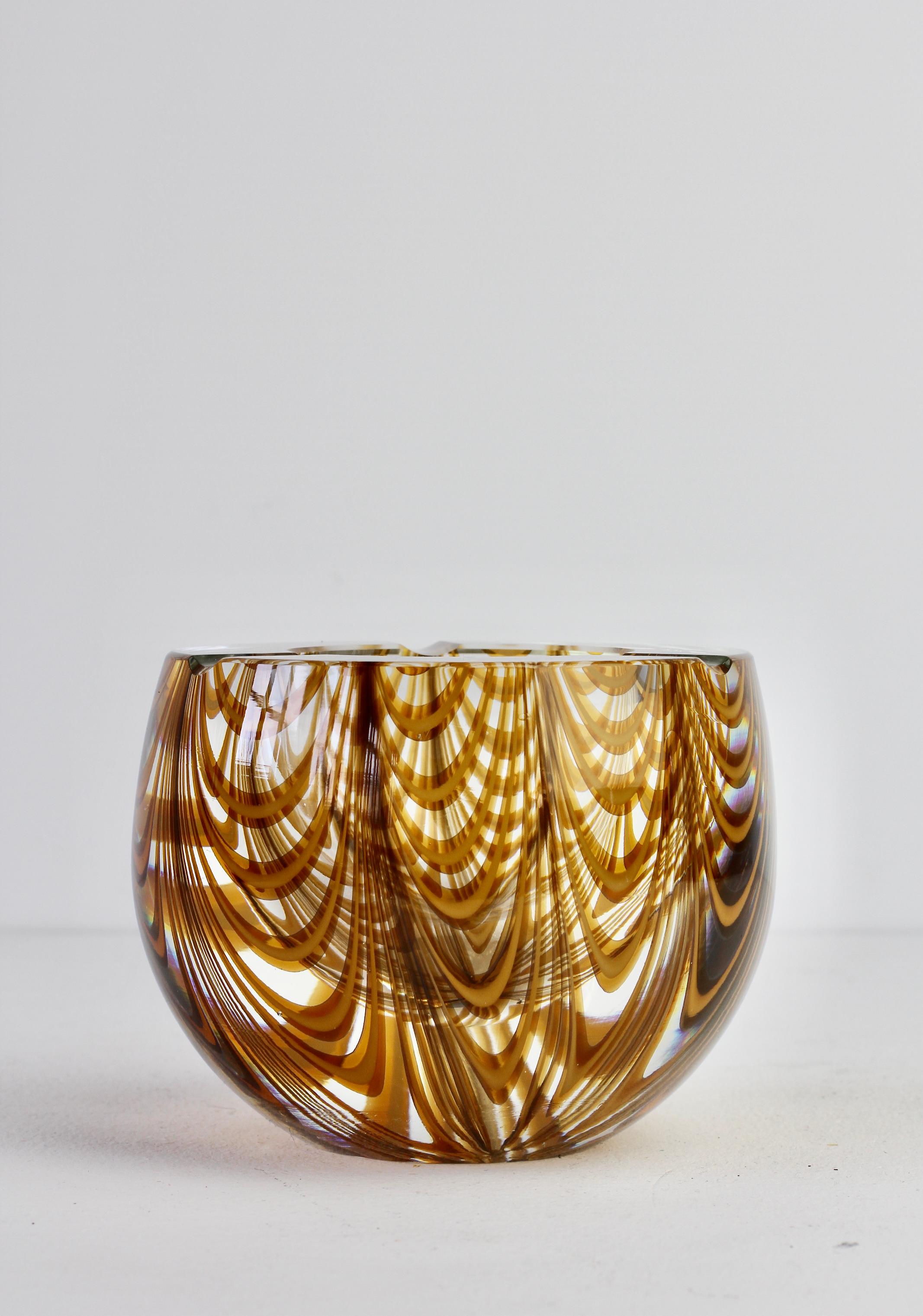 Large Signed Cenedese 1970s Italian Amber 'Zebrato' Clear Murano Glass Ashtray 11
