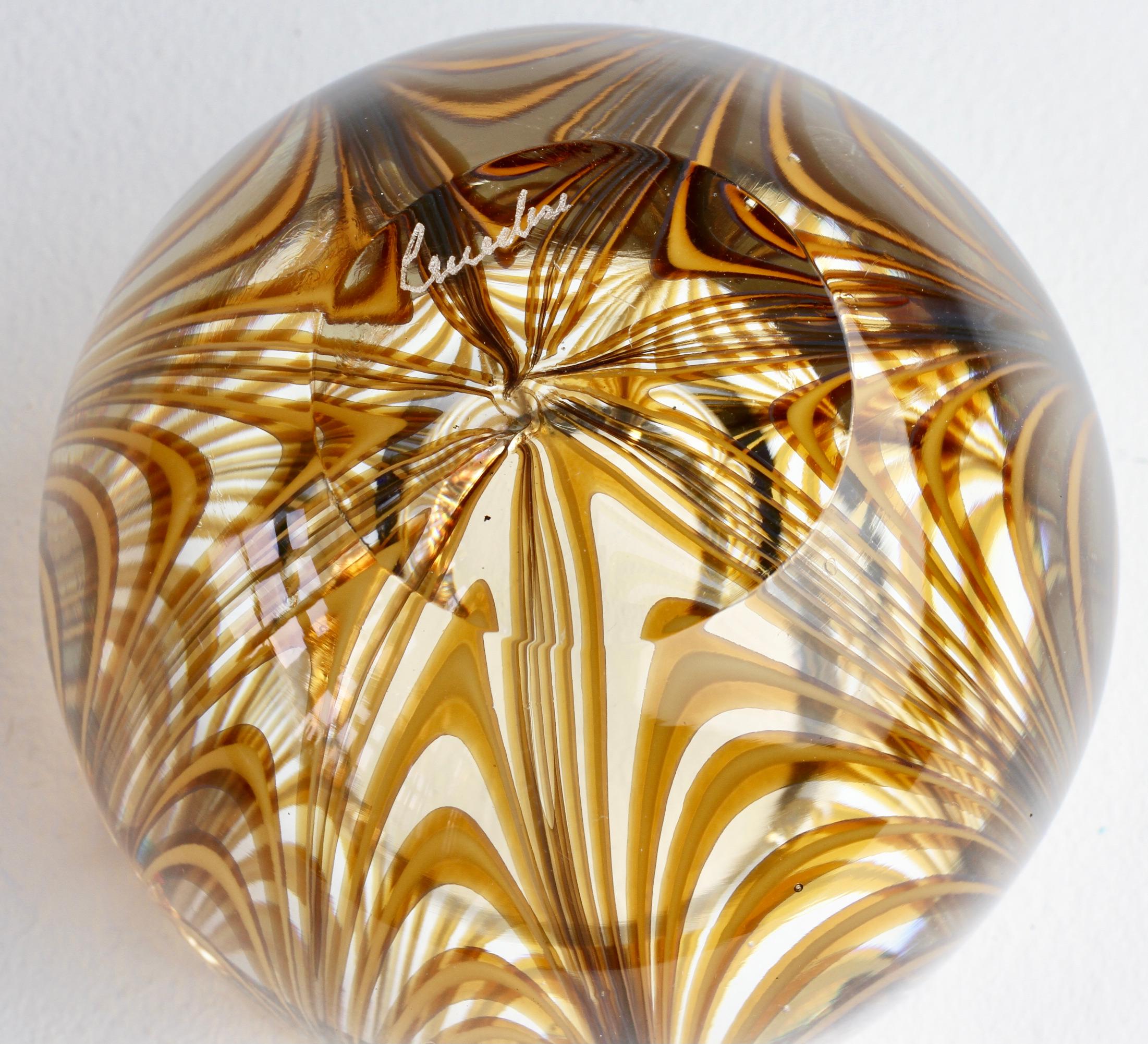 Large Signed Cenedese 1970s Italian Amber 'Zebrato' Clear Murano Glass Ashtray 12