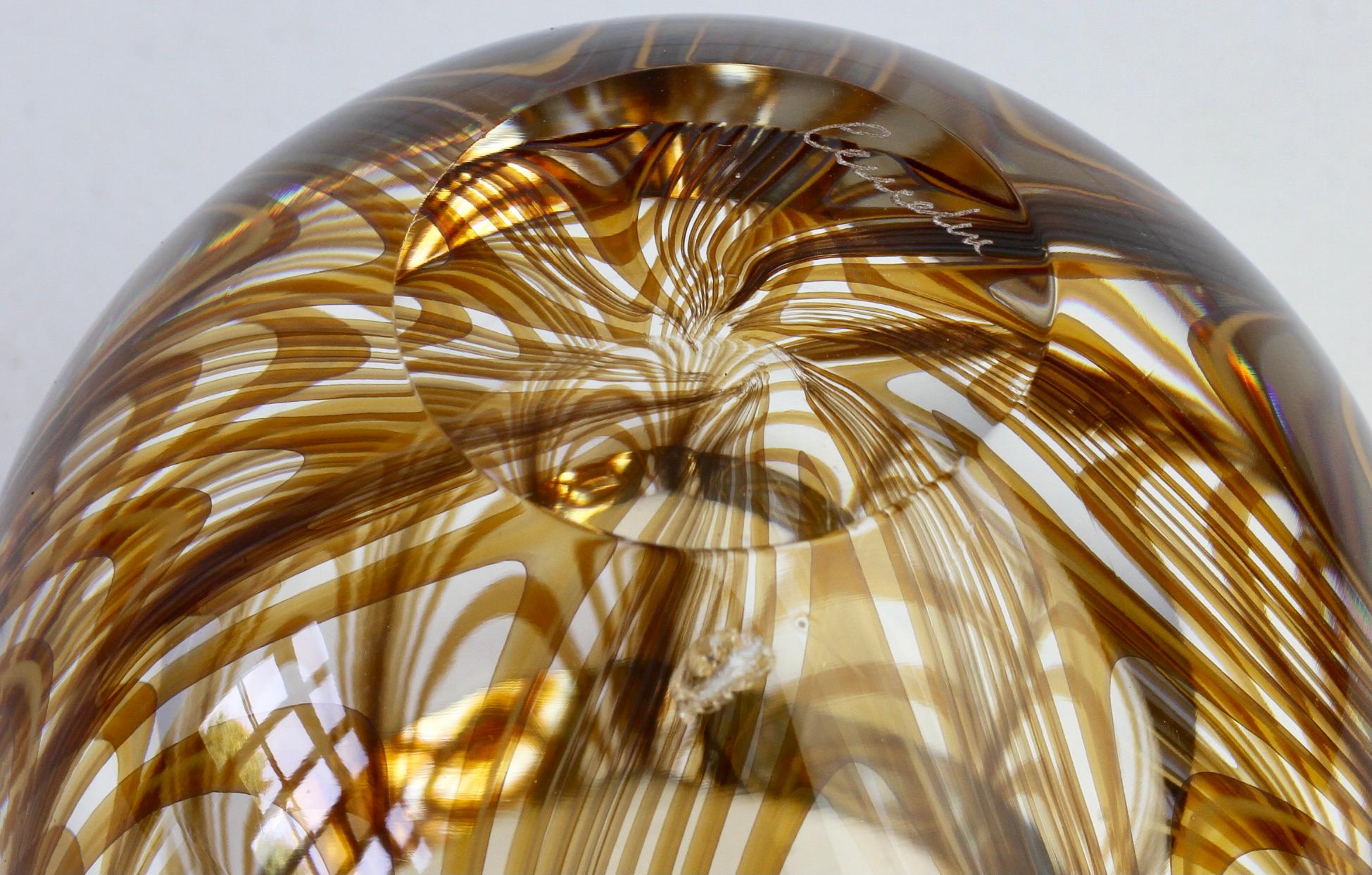 Large Signed Cenedese 1970s Italian Amber 'Zebrato' Clear Murano Glass Ashtray For Sale 12