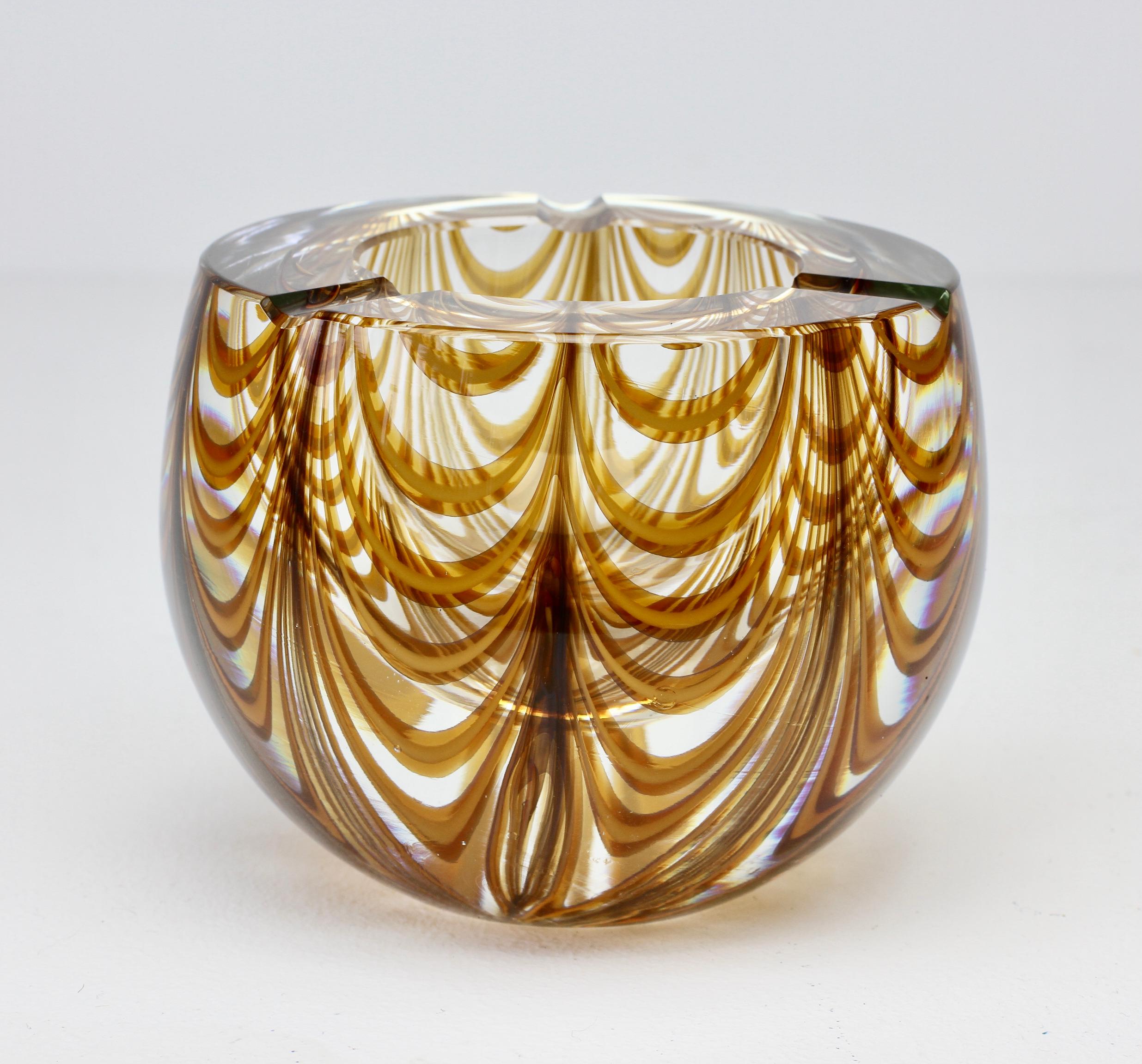 Mid-Century Modern Large Signed Cenedese 1970s Italian Amber 'Zebrato' Clear Murano Glass Ashtray